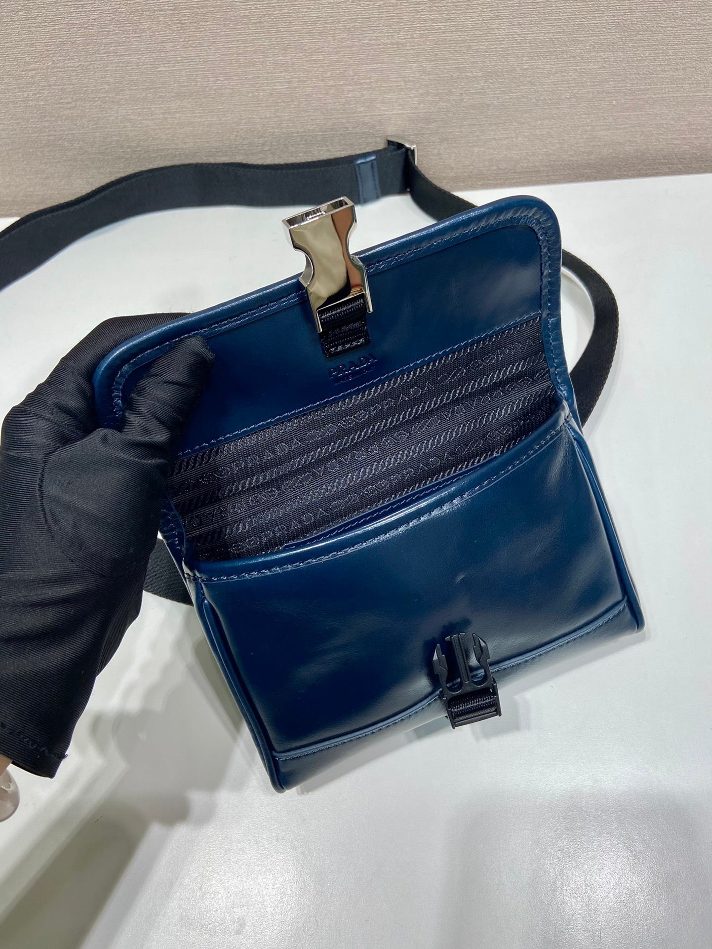 Prada 2026 Smartphone Case 18cm Dark Blue Glossy Leather