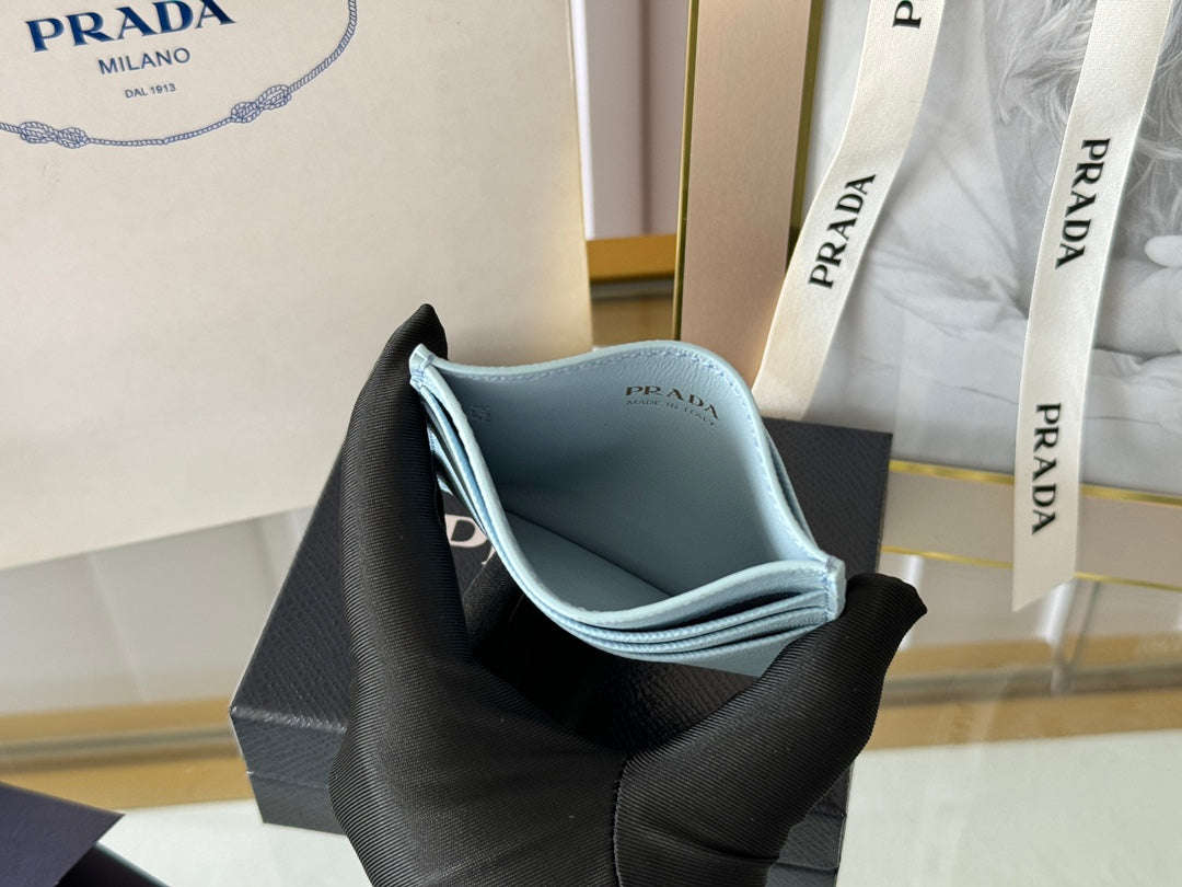 Pra Gold Logo-Stamp Card Holder Light Blue Saffiano Leather