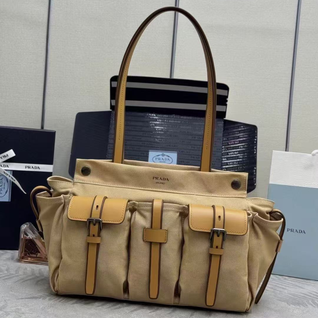 Prada Route Shopping Bag Khaki Canvas Leather