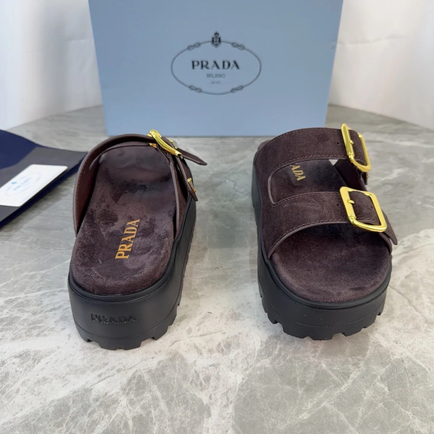 Prada 2026 Fussbett Flatform Slide Sandal Dark Brown Black Suede Leather 707697