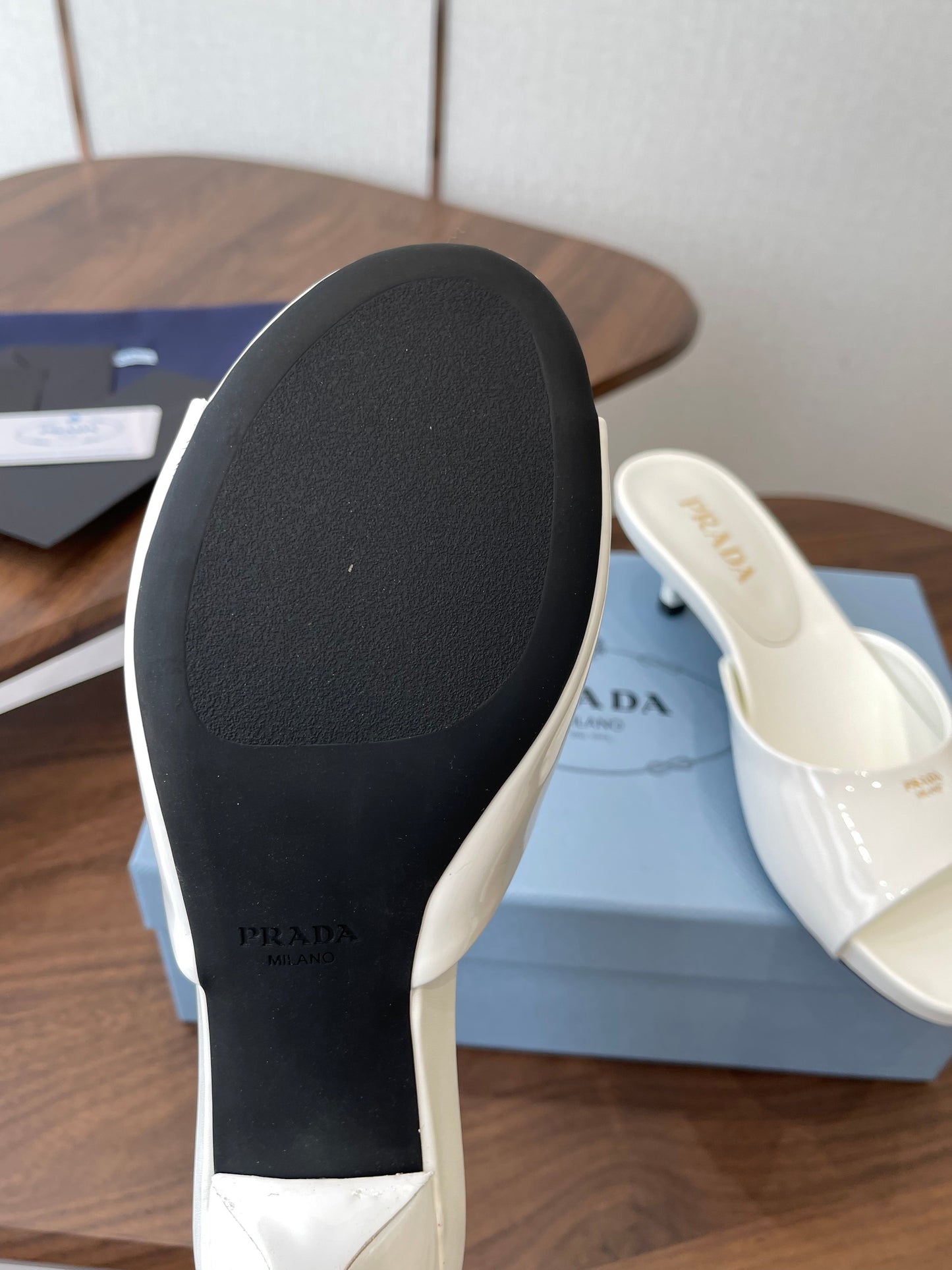 Prada Kitten Heel Sandals White Patent Leather 727641