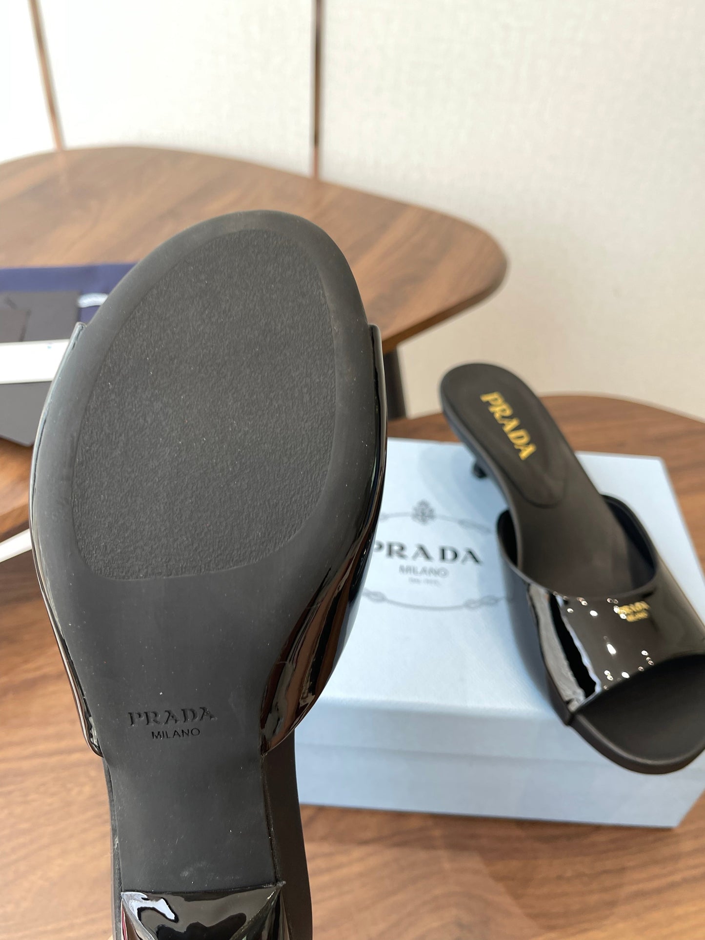 Prada Kitten Heel Sandals Black Patent Leather 727643