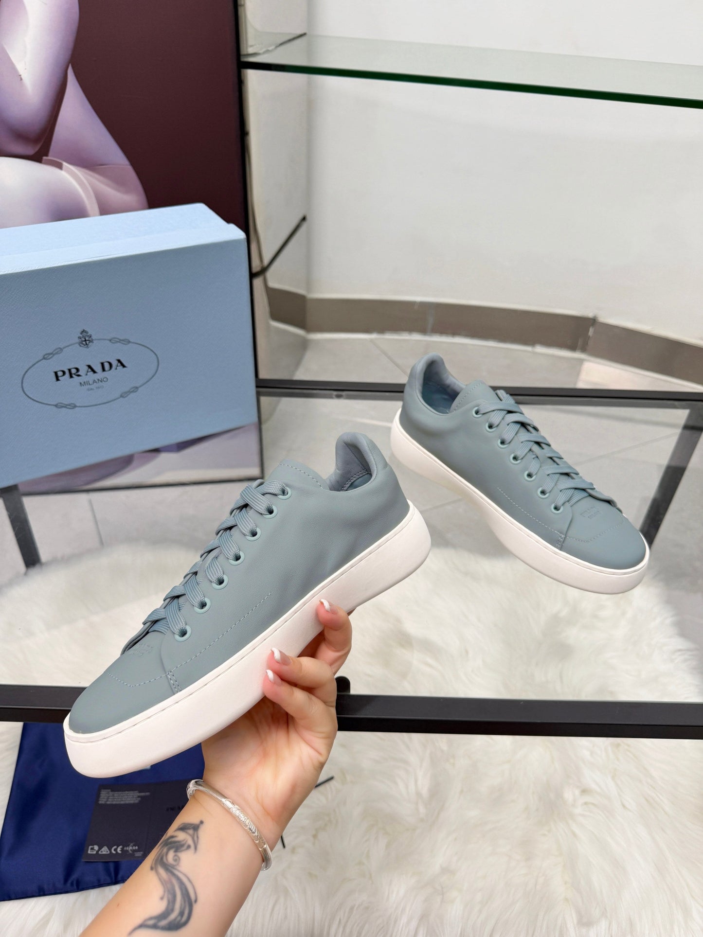 Prada 26s Court Sneakers Stale Blue Leather 838033