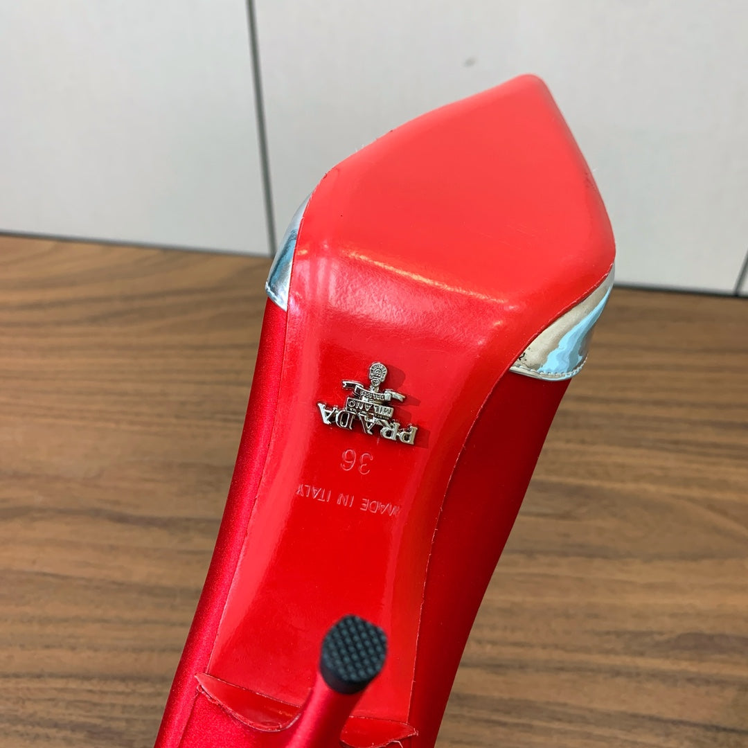 Prada Pumps 8.5cm Red Satin Sliver Patent Leather 896189