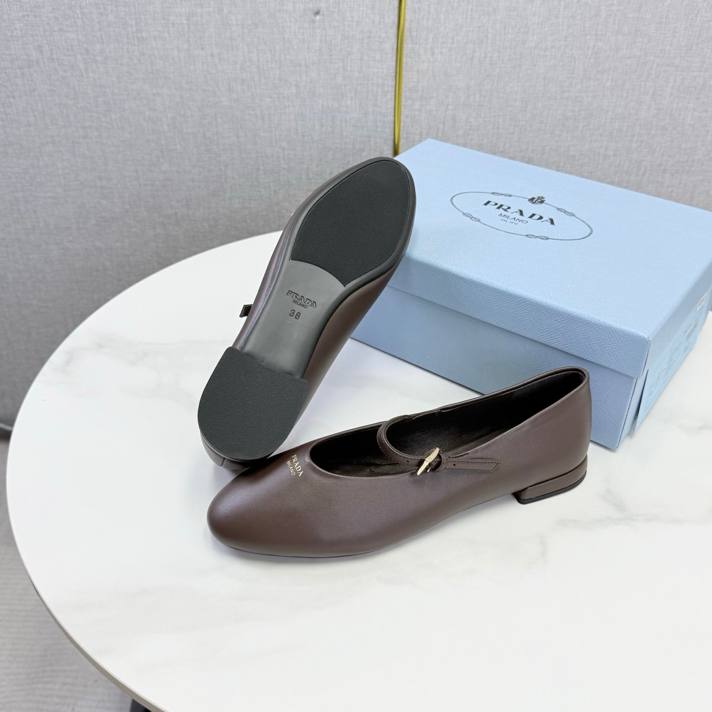 Prada 26s Ballerina Flats Strap With Buckle Brown Burgundy Nappa Leather 973280