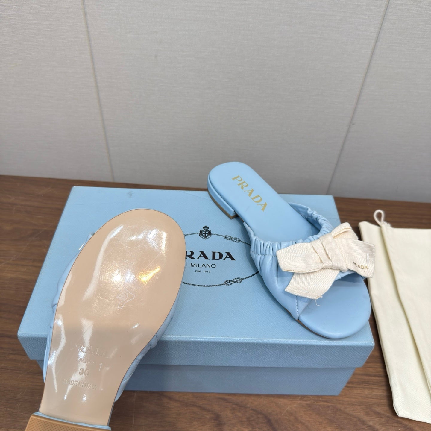 Prada Bow Slide Sandals White Blue Sheepskin 836555