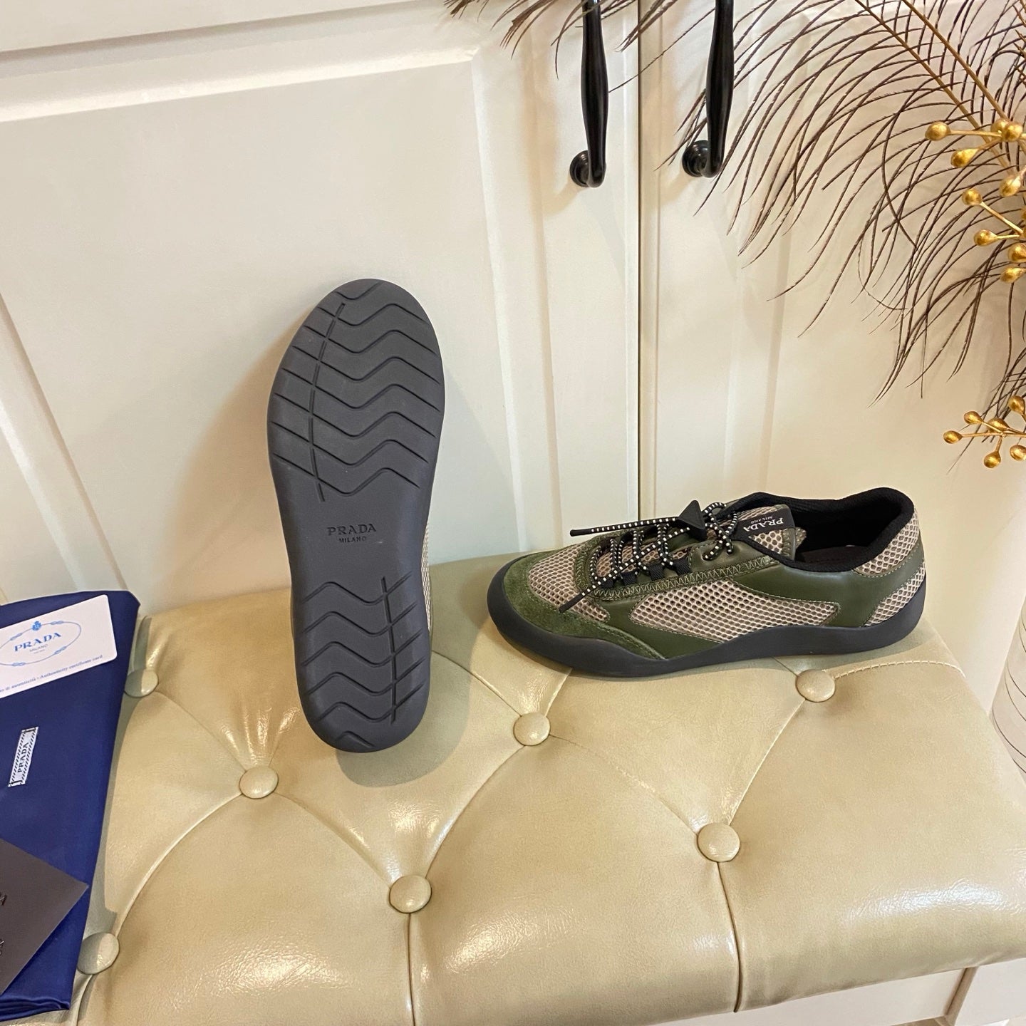 Prada 26s Lace Up Sneakers Chunky Sole In Olive Green Tech Fabric And Mesh