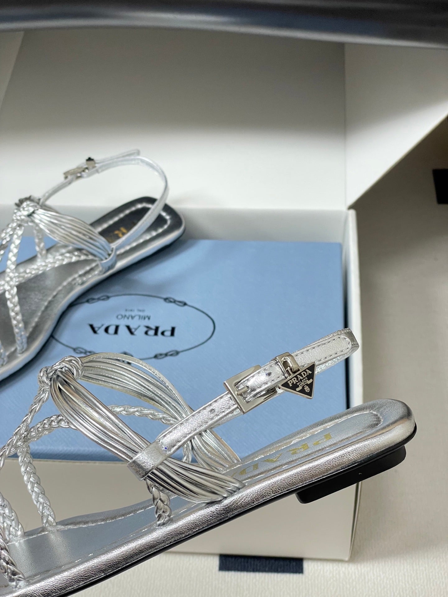 Prada Strappy Flat Sandals Sliver Sheepskin 834810