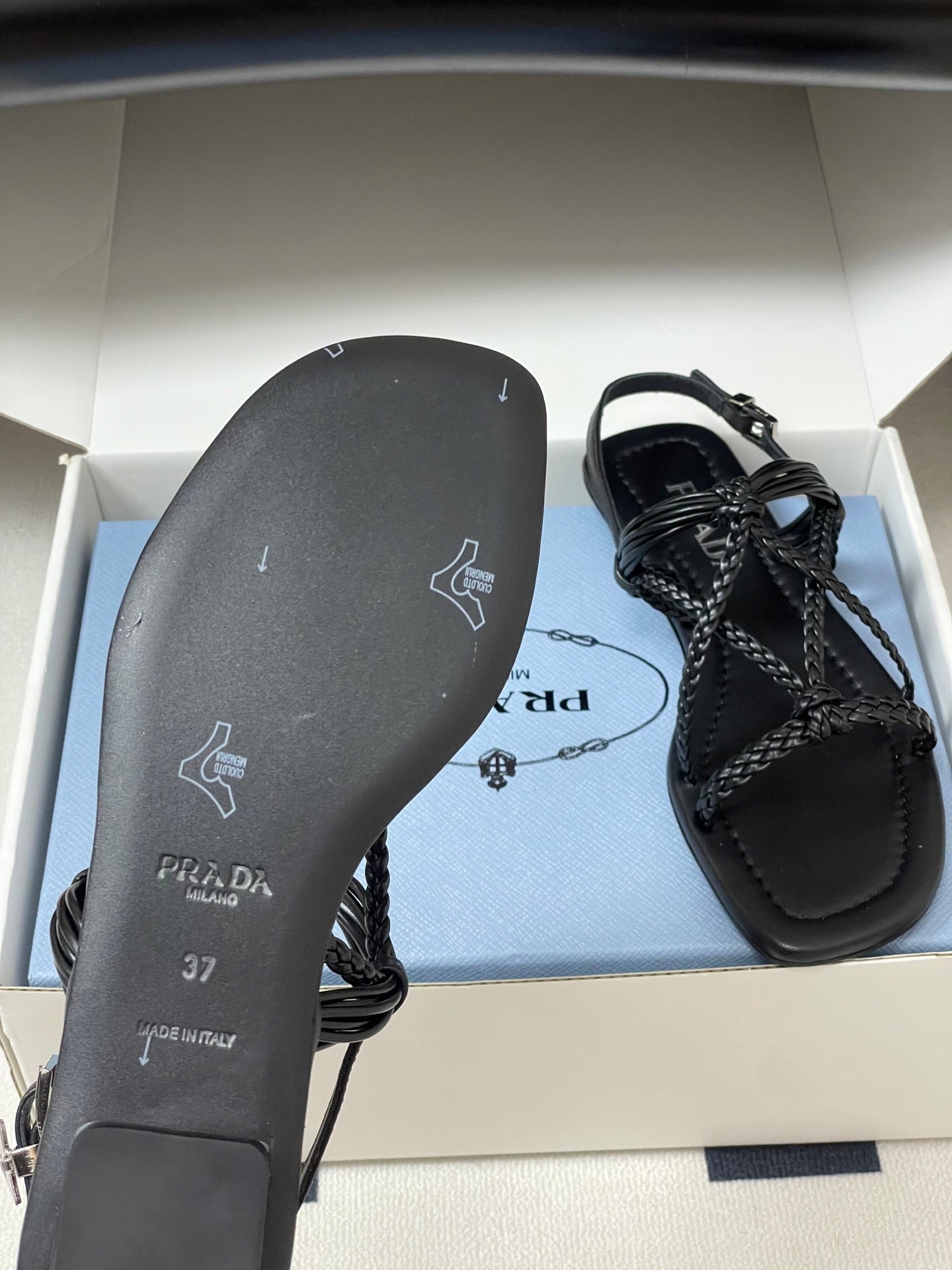 Prada Strappy Flat Sandals Black Sheepskin 834811