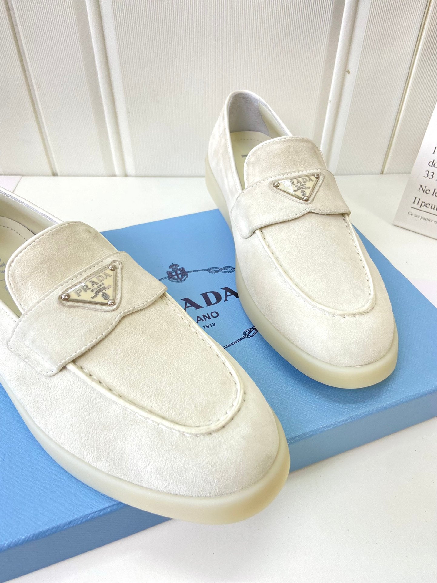Prada Silhouette Loafers Cream Soft Suede 839218