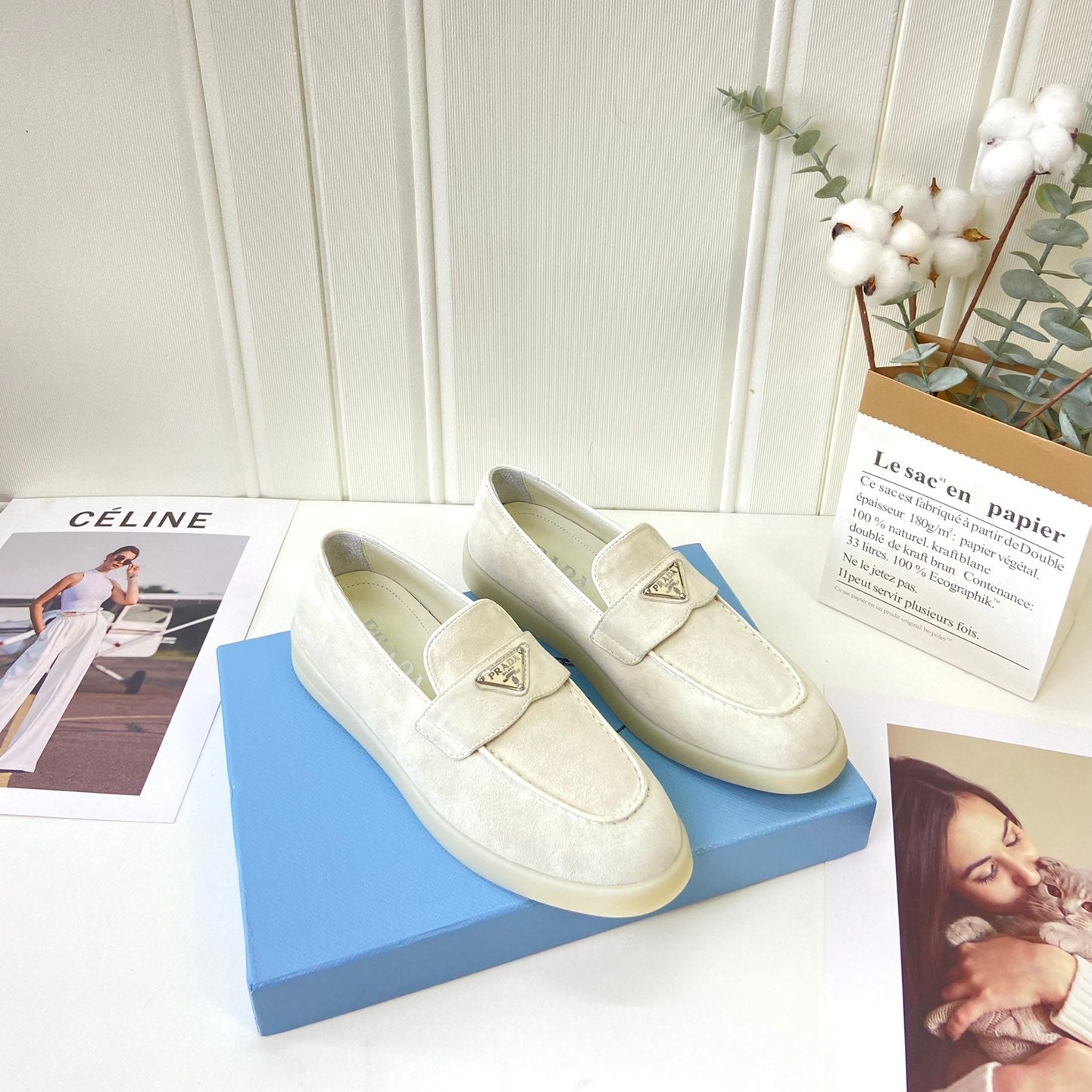 Prada Silhouette Loafers Cream Soft Suede 839218