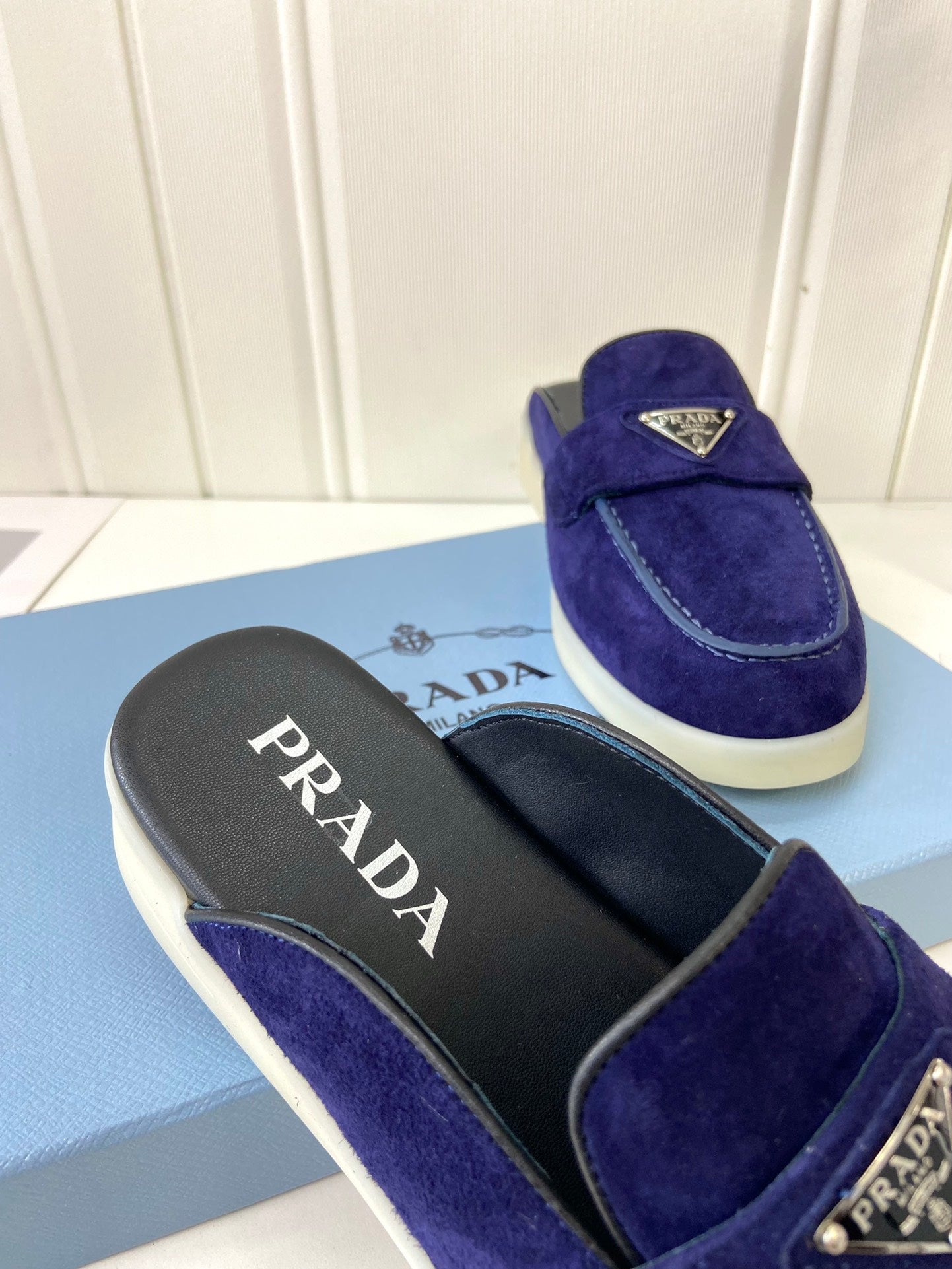 Prada Silhouette Mule Dark Blue Soft Suede 839208