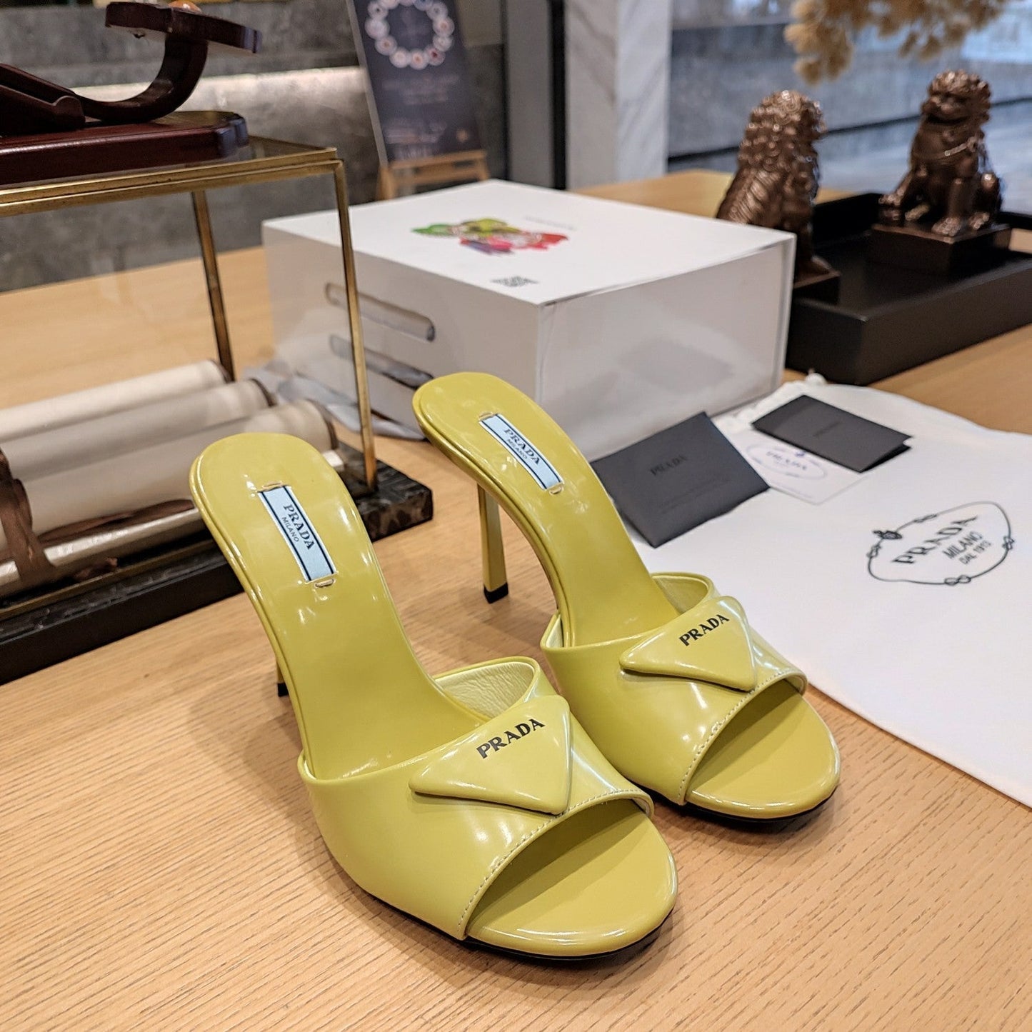 Prada 26s Open Toe Mules 100mm In Lime Yellow Patent Calfskin With Logo