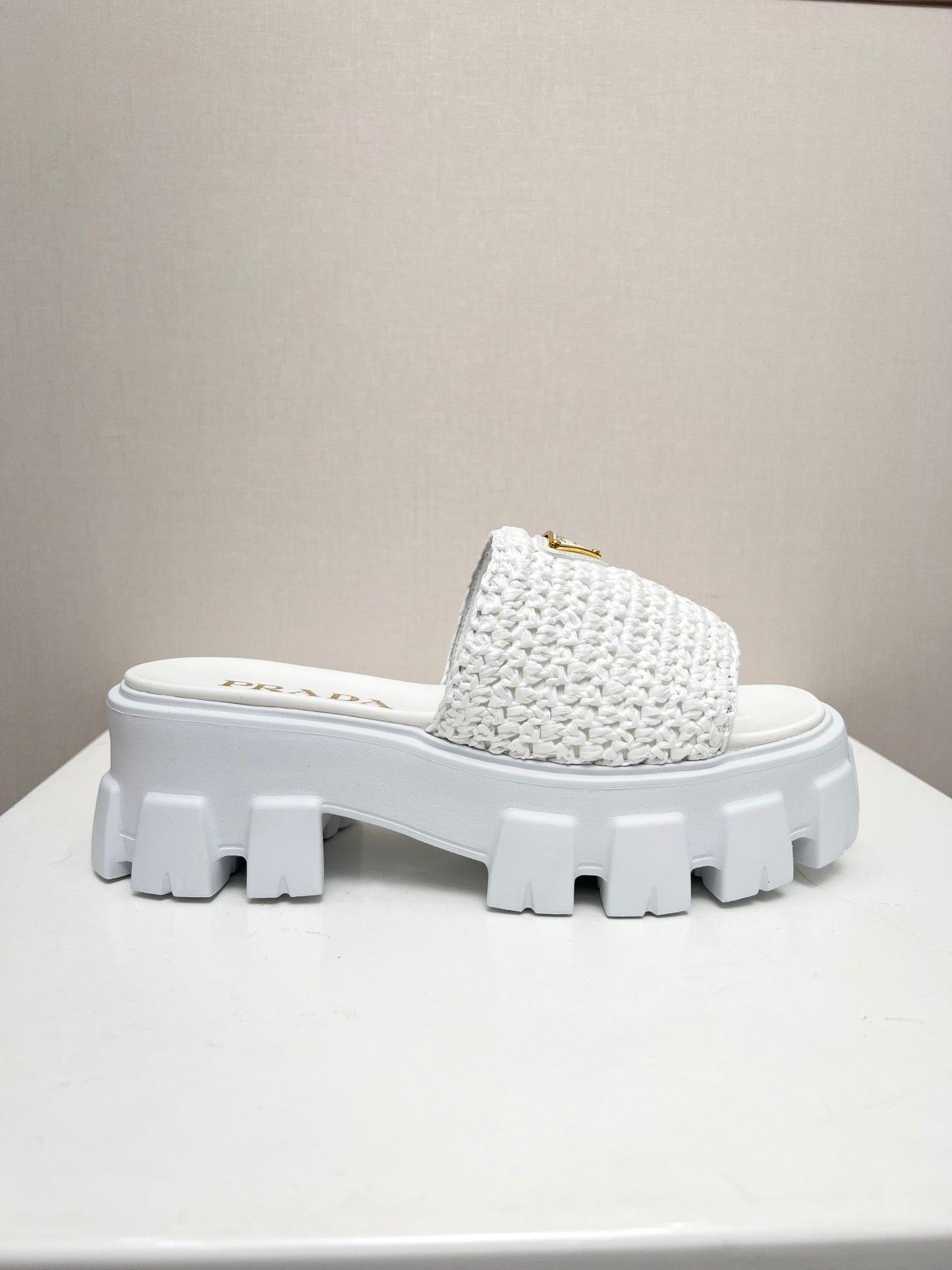 PRA THICK-SOLED CROCHET SANDALS WHITE WOVEN FABRIC