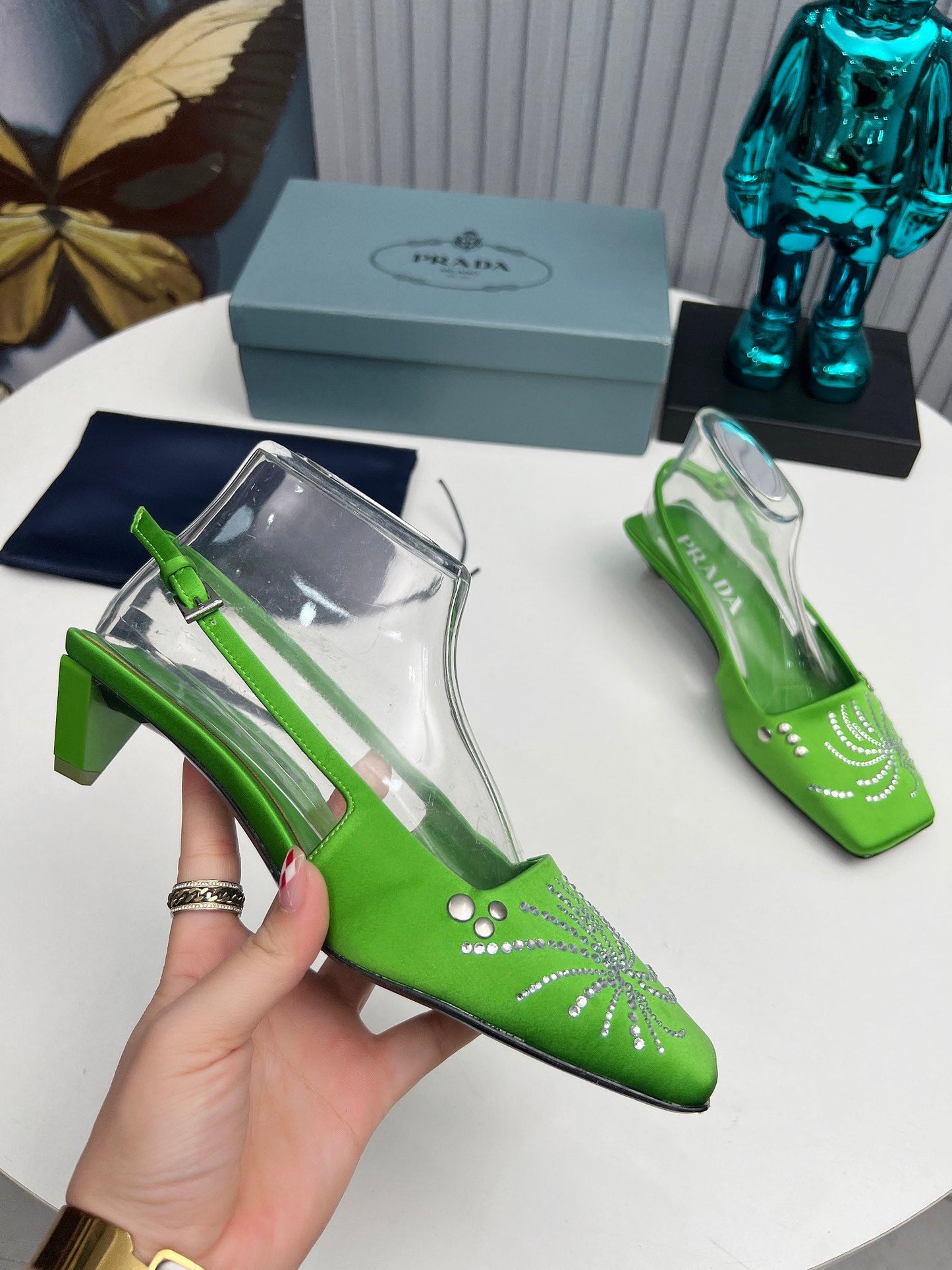 Prada 26SS Slingback 4cm Green Satin 680977