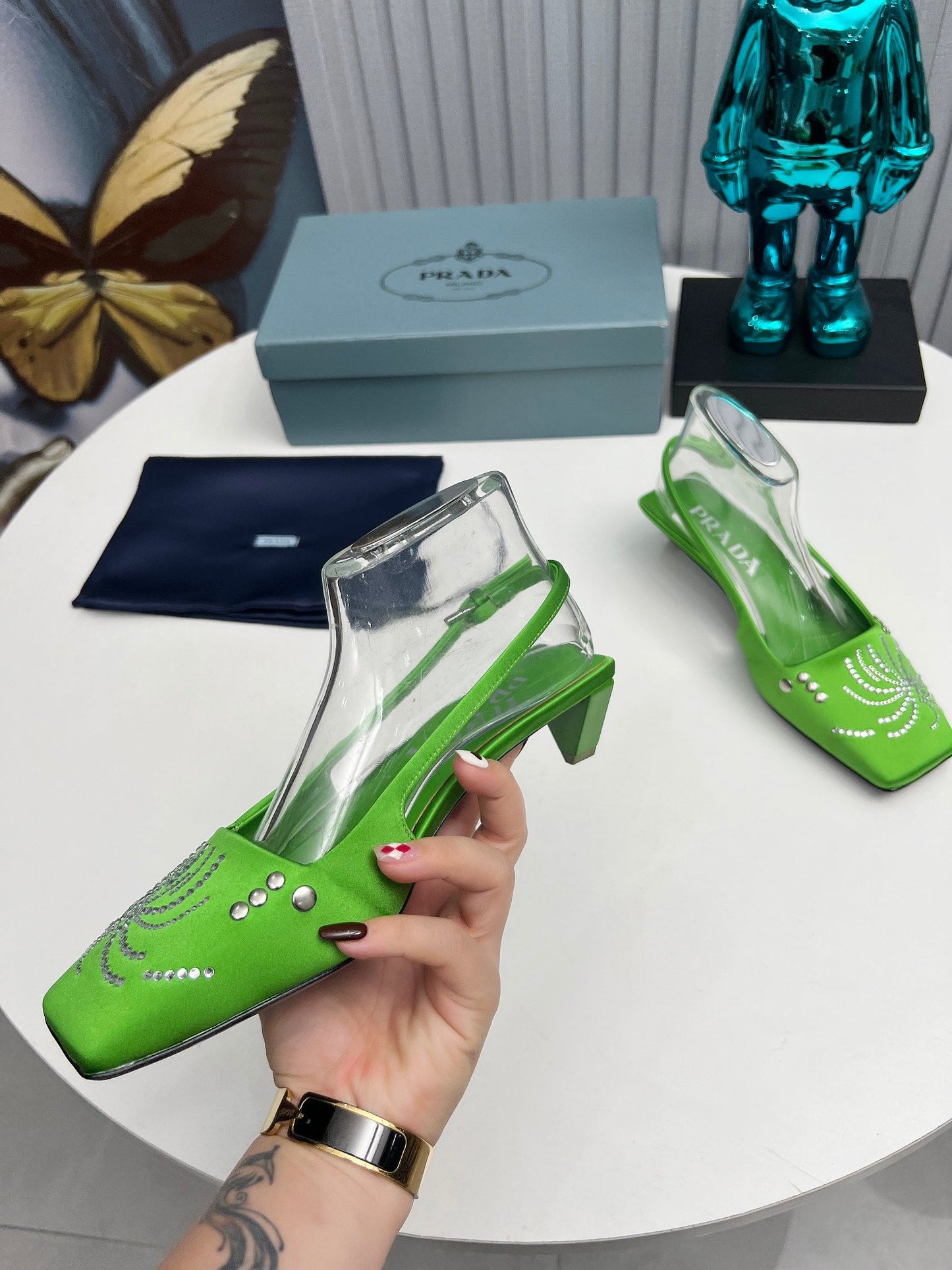 Prada 26SS Slingback 4cm Green Satin 680977