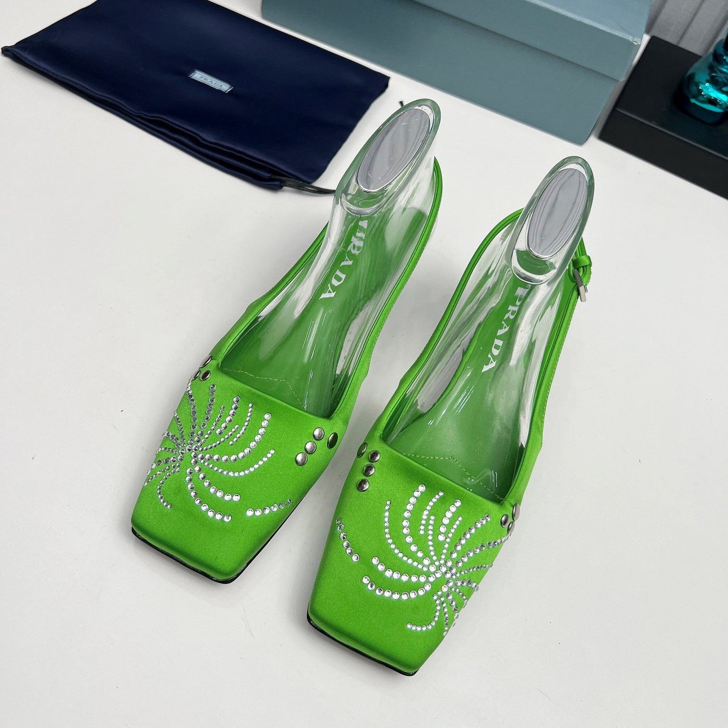 Prada 26SS Slingback 4cm Green Satin 680977
