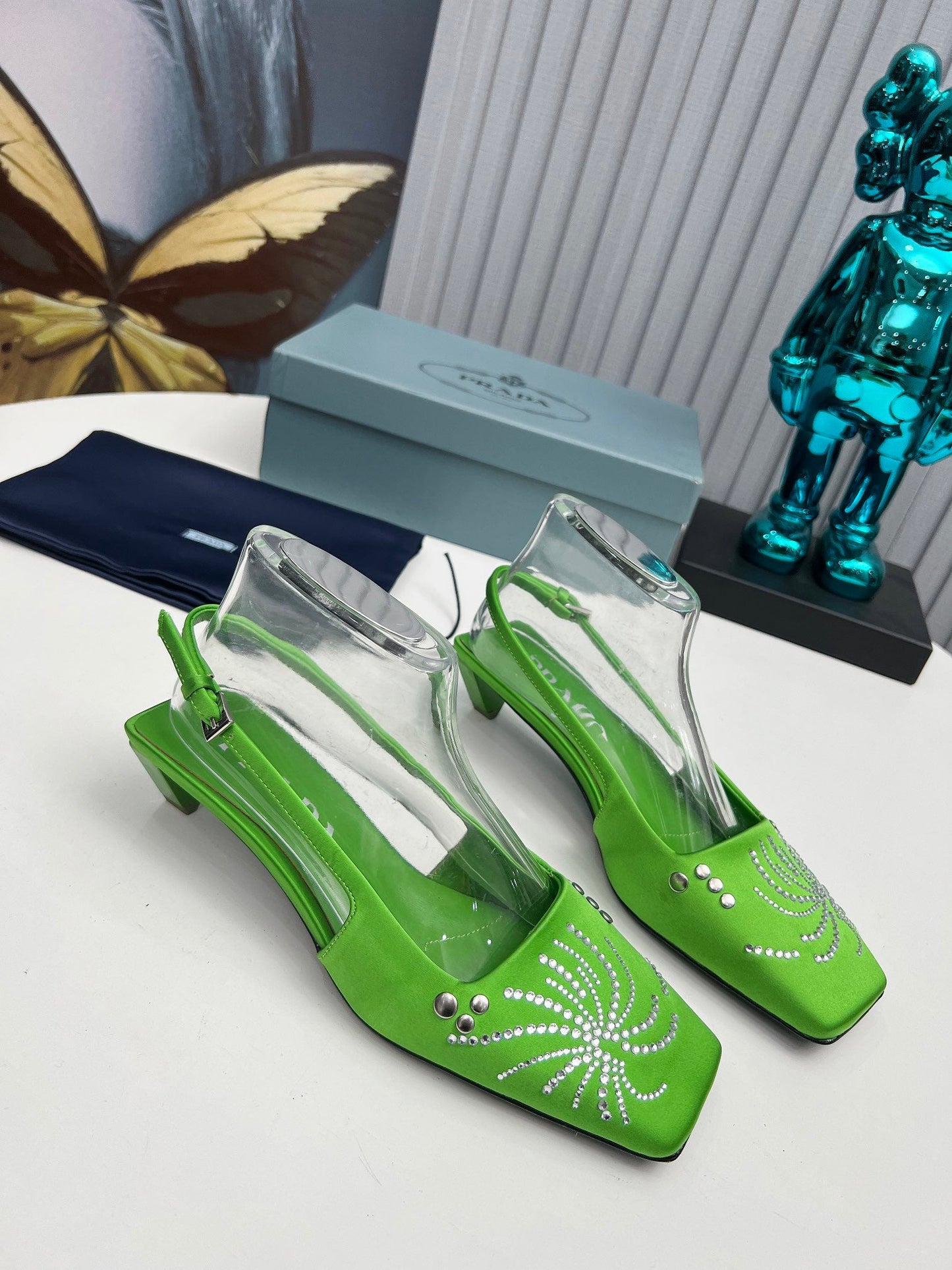Prada 26SS Slingback 4cm Green Satin 680977