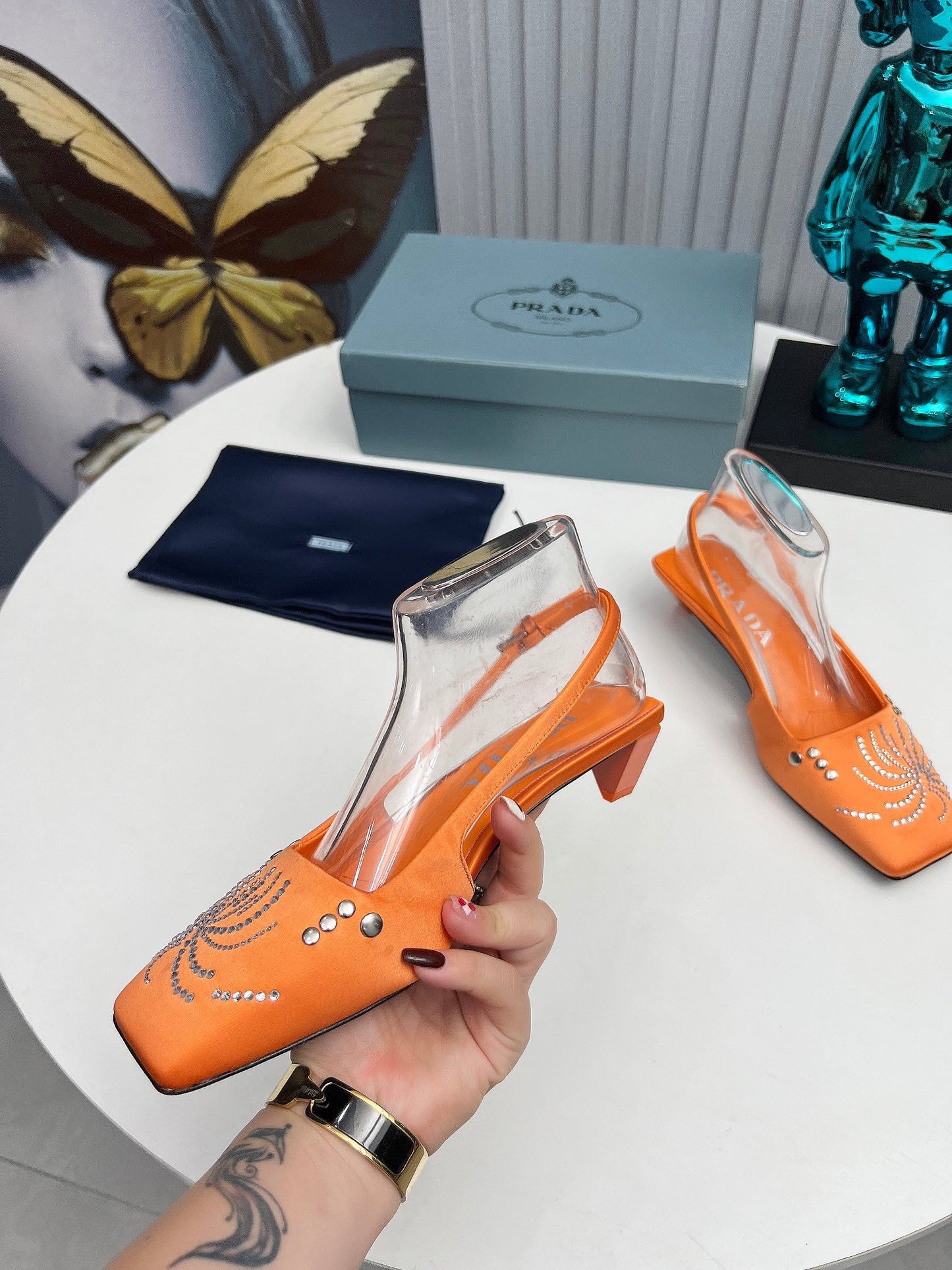 Prada 26SS Slingback 4cm Orange Satin 680979