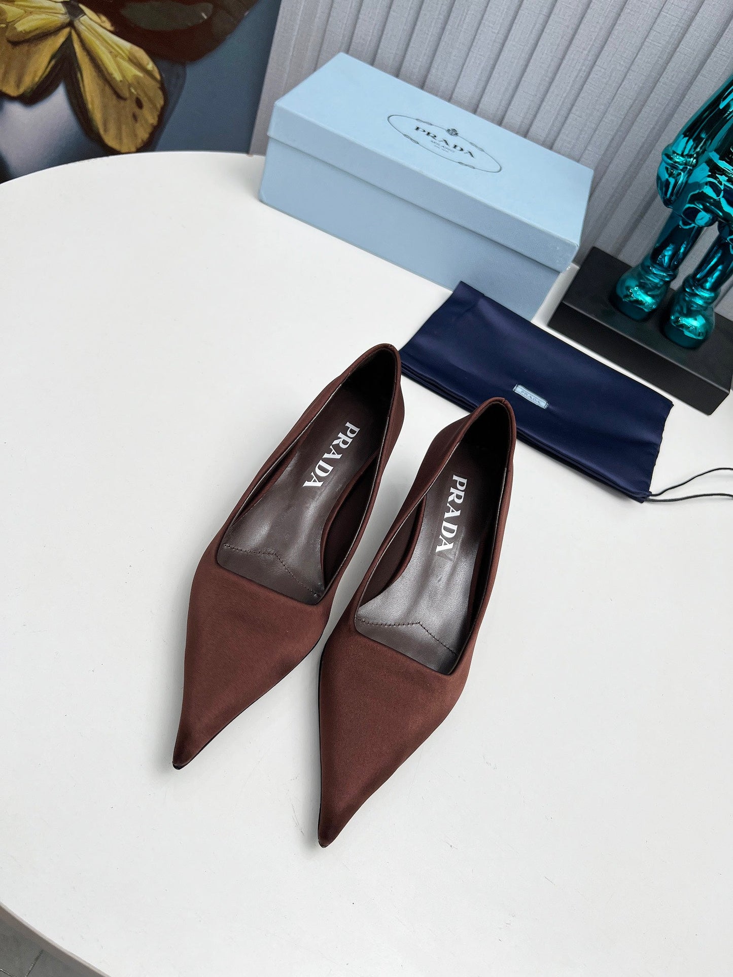Prada 26SS Pointed-Toe Pumps 4cm Chocolate Satin 680953