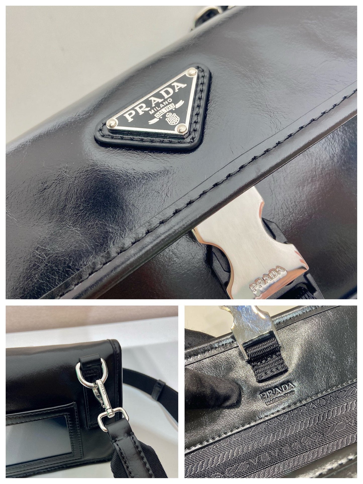 Prada 2026 Smartphone Case 18cm Black Glossy Leather