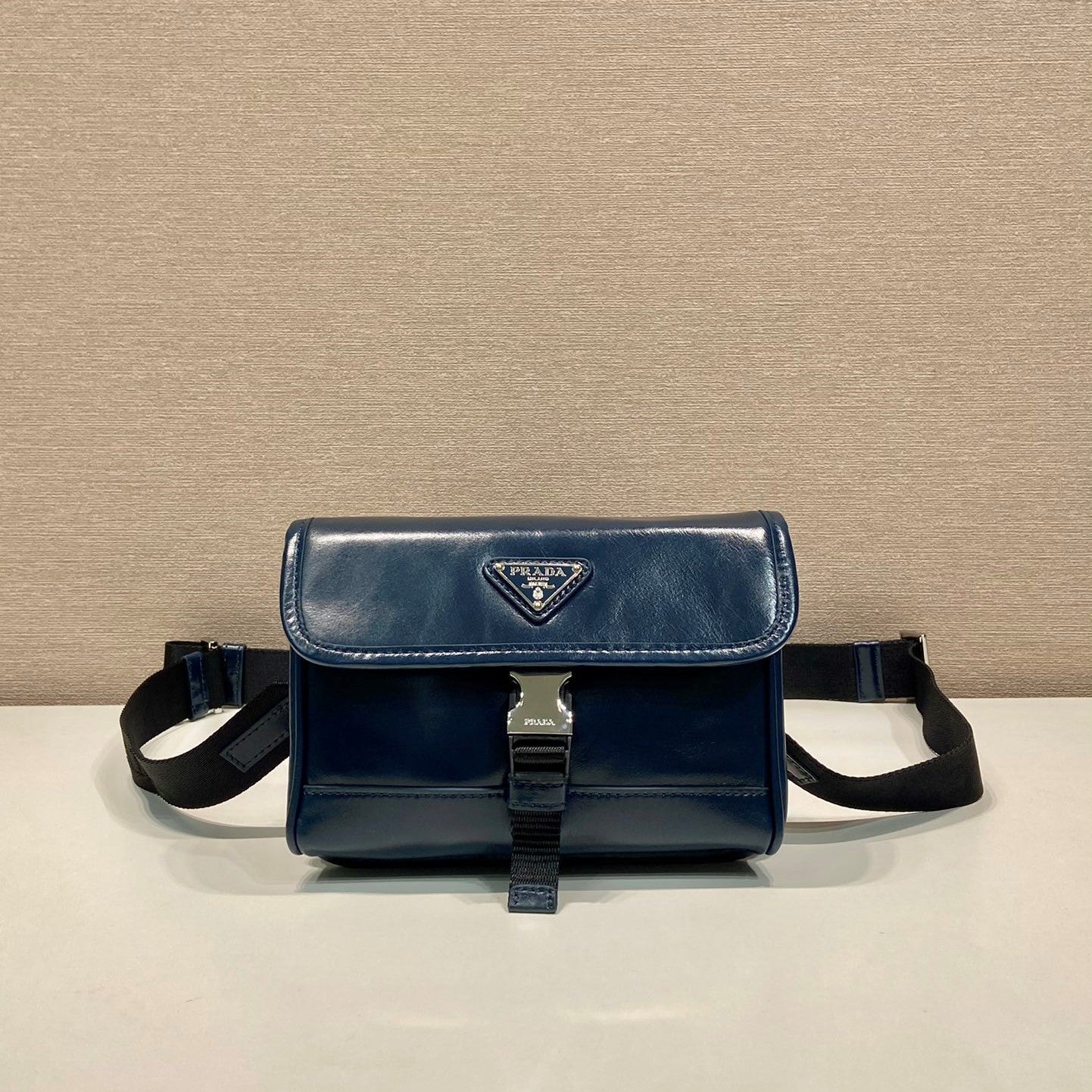 Prada 2026 Smartphone Case 18cm Dark Blue Glossy Leather