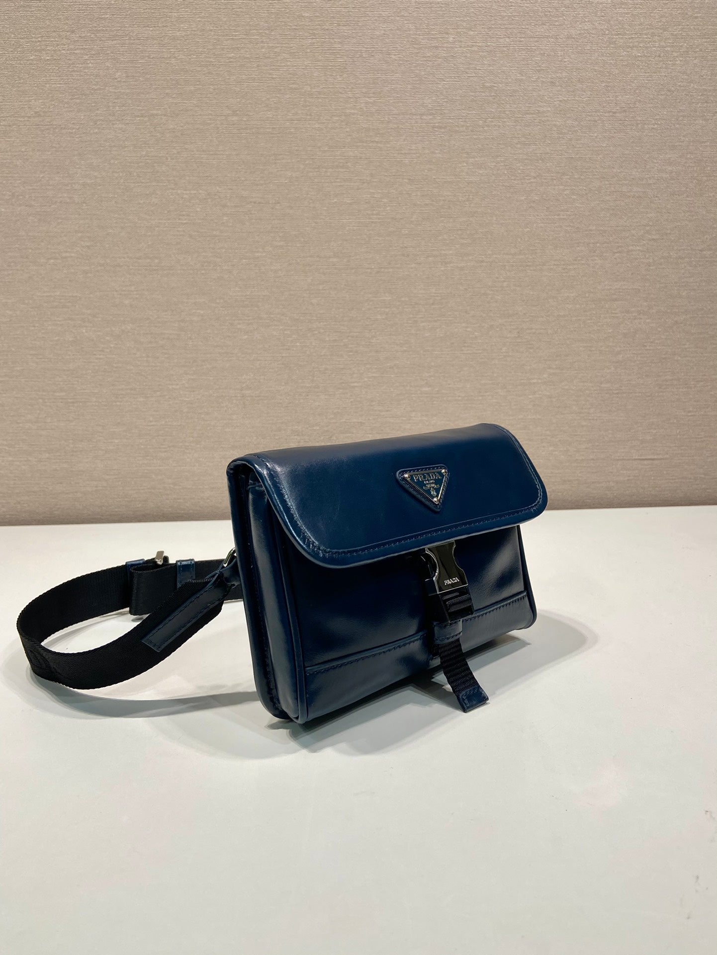 Prada 2026 Smartphone Case 18cm Dark Blue Glossy Leather