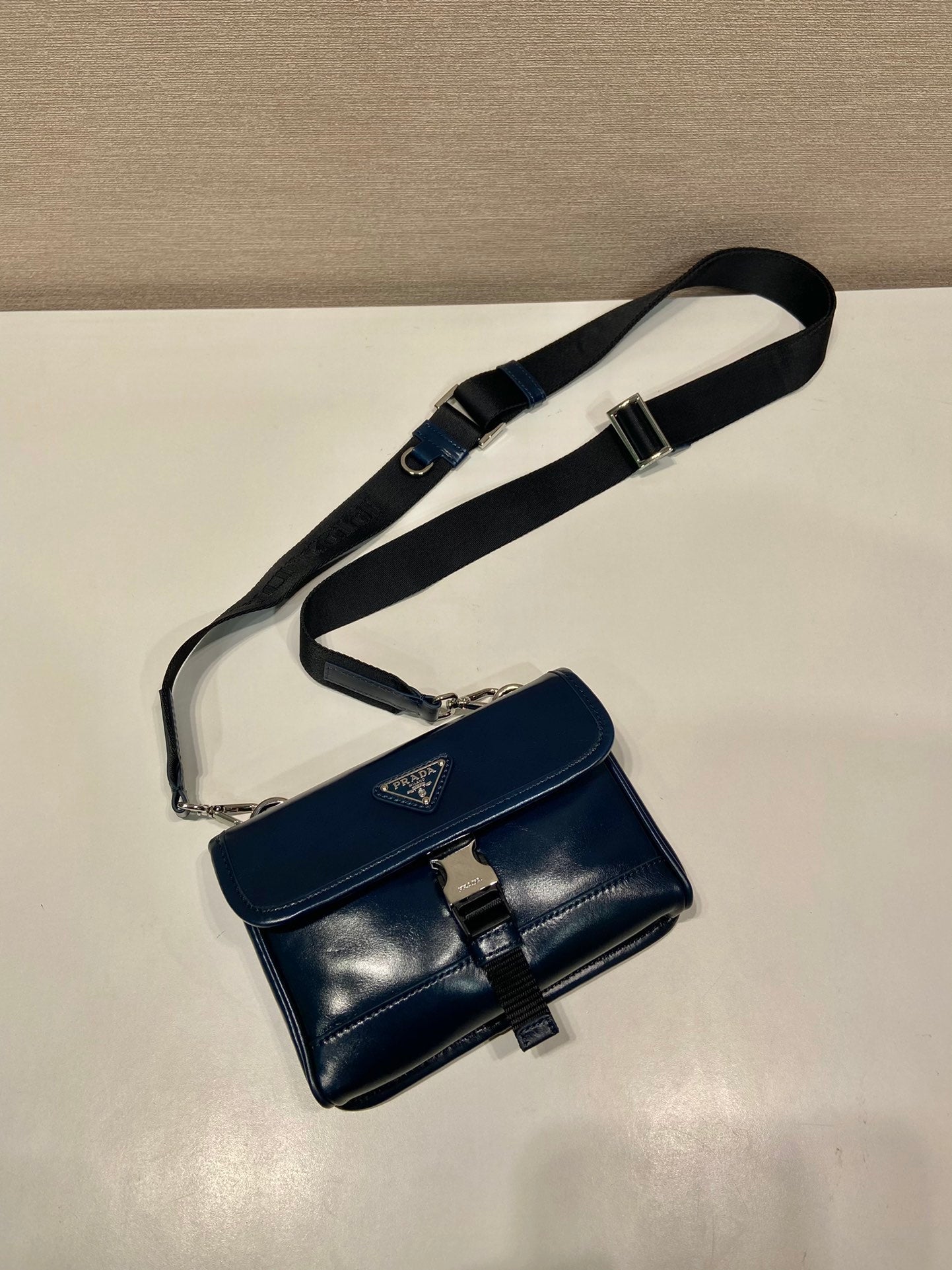 Prada 2026 Smartphone Case 18cm Dark Blue Glossy Leather