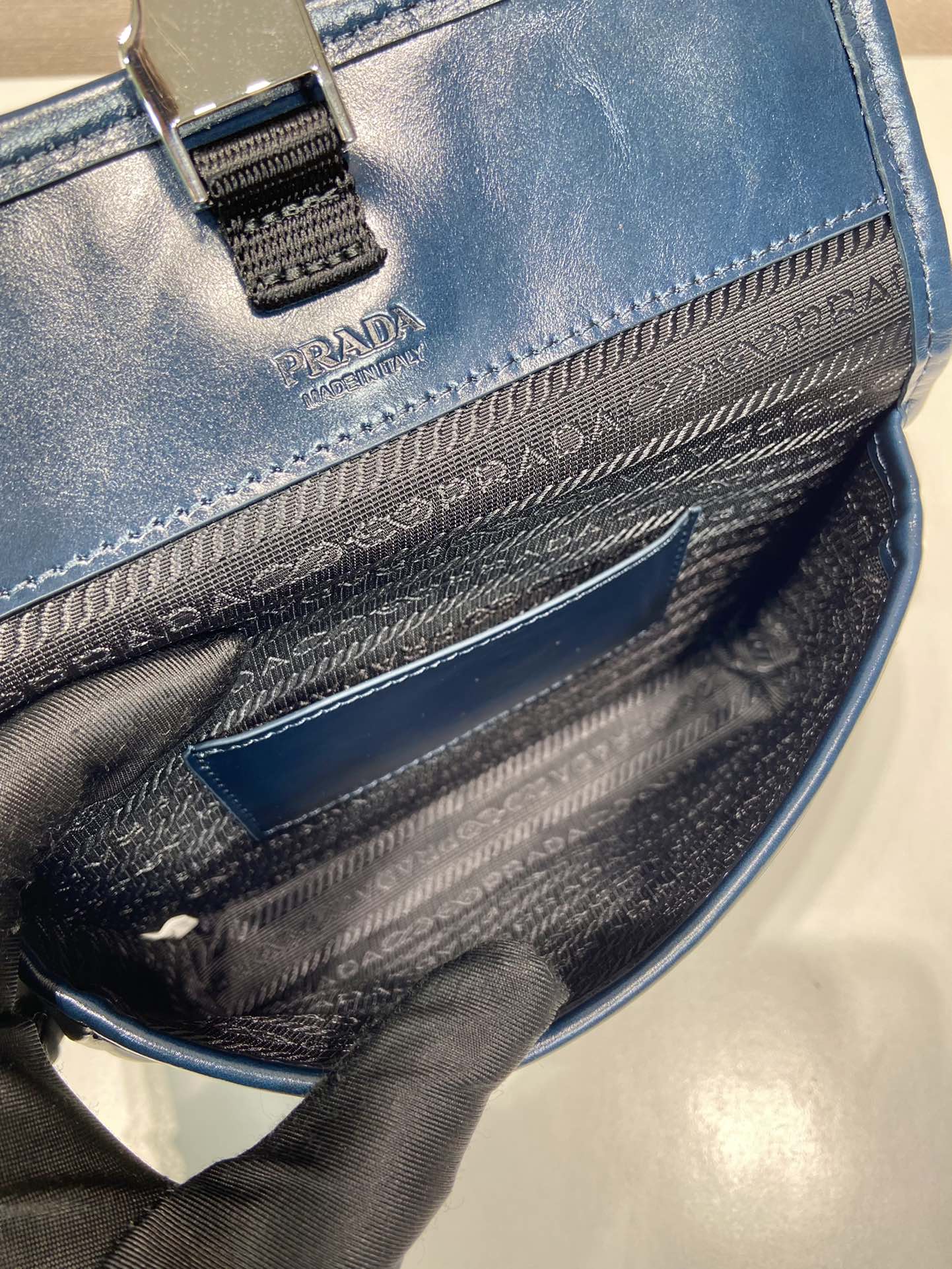 Prada 2026 Smartphone Case 18cm Dark Blue Glossy Leather