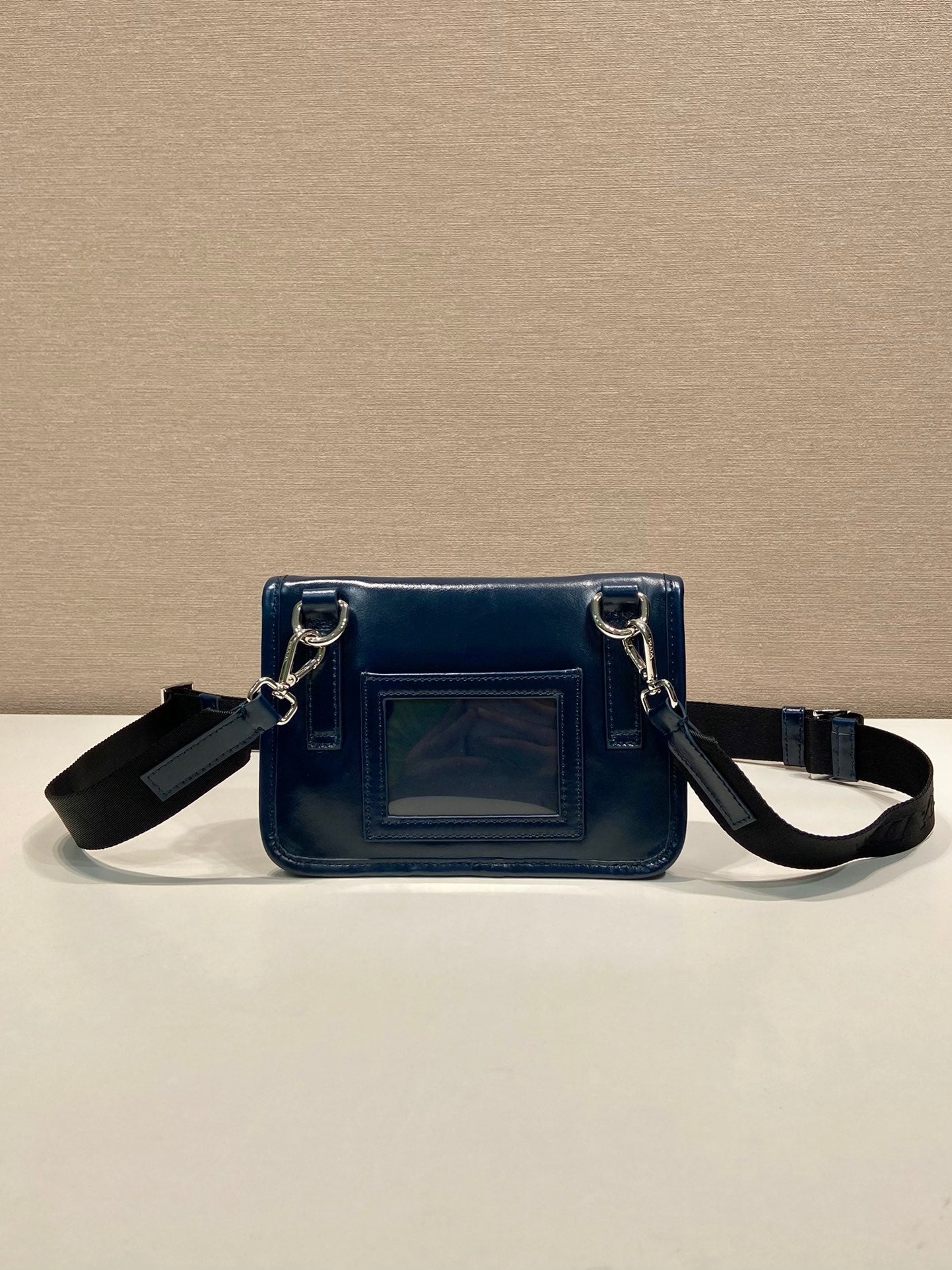 Prada 2026 Smartphone Case 18cm Dark Blue Glossy Leather