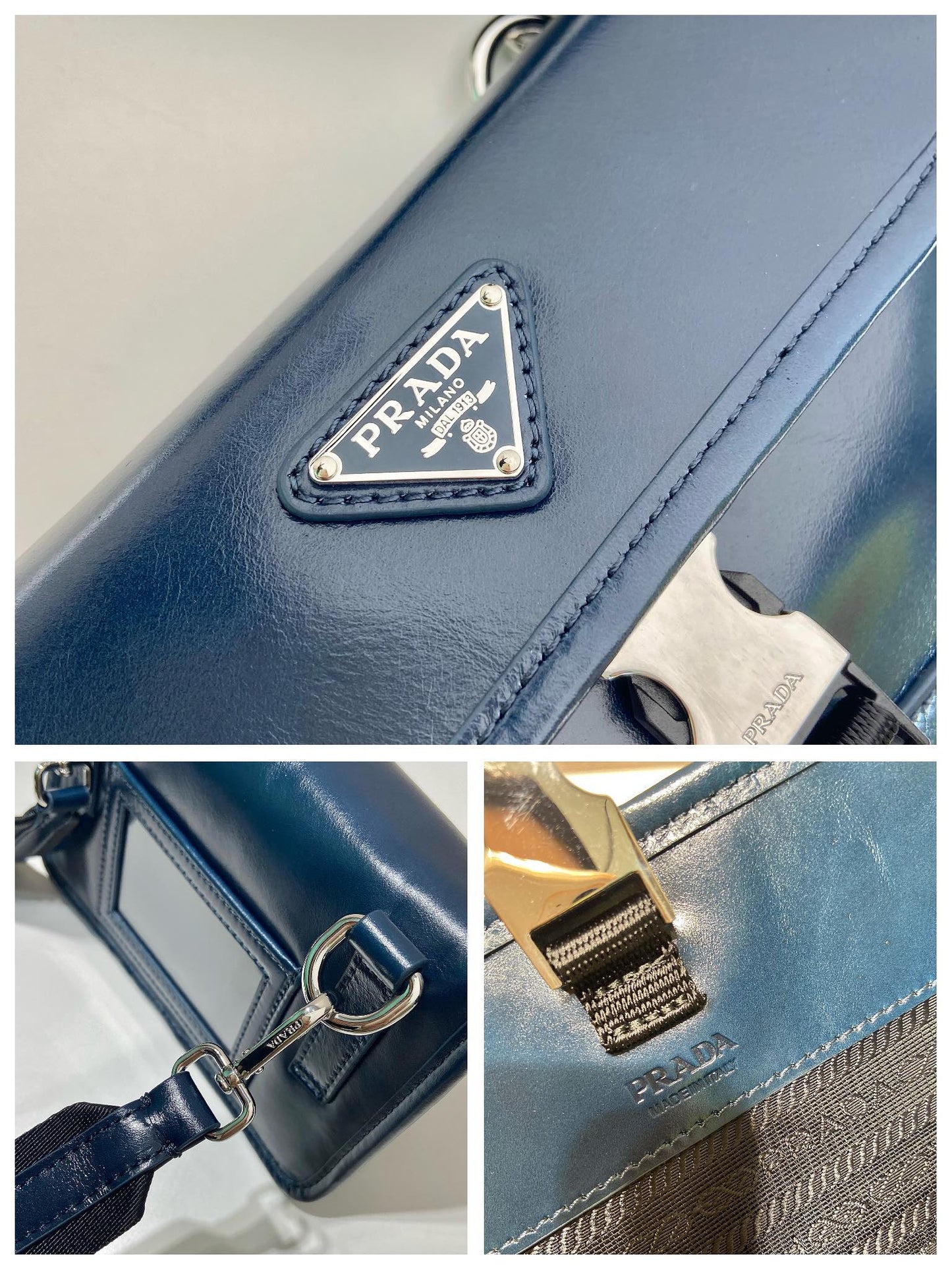 Prada 2026 Smartphone Case 18cm Dark Blue Glossy Leather