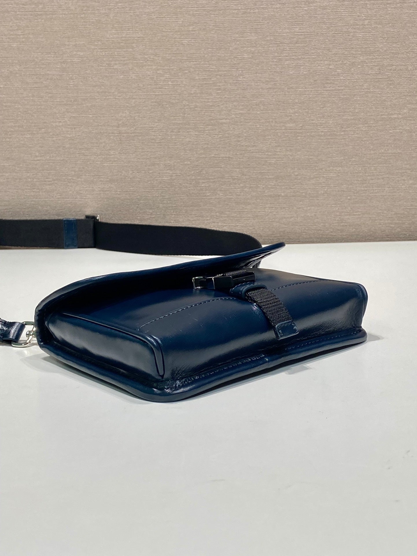 Prada 2026 Smartphone Case 18cm Dark Blue Glossy Leather