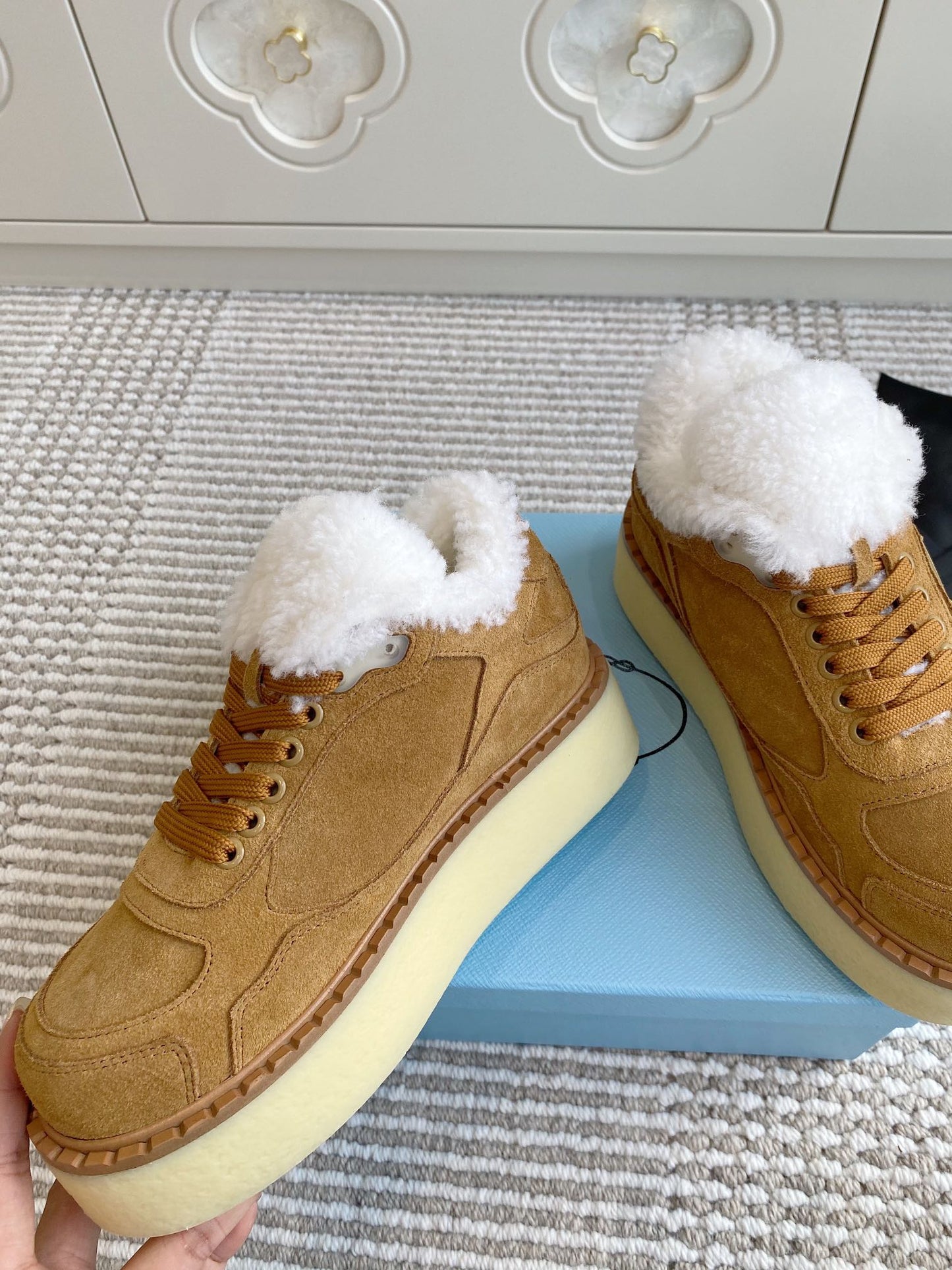 Prada Mid-Top Sneakers Brown Suede White Shearing 564156