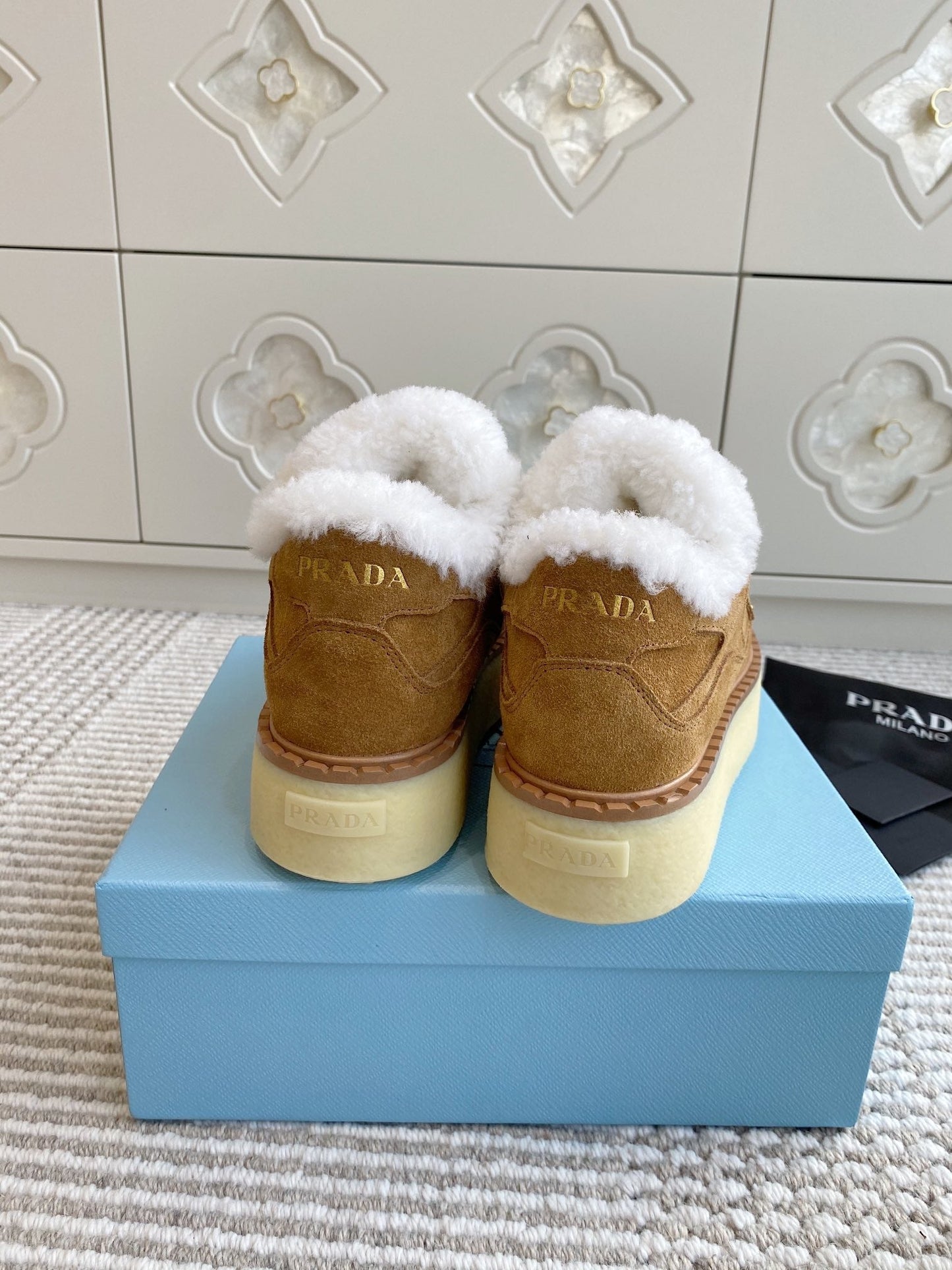 Prada Mid-Top Sneakers Brown Suede White Shearing 564156