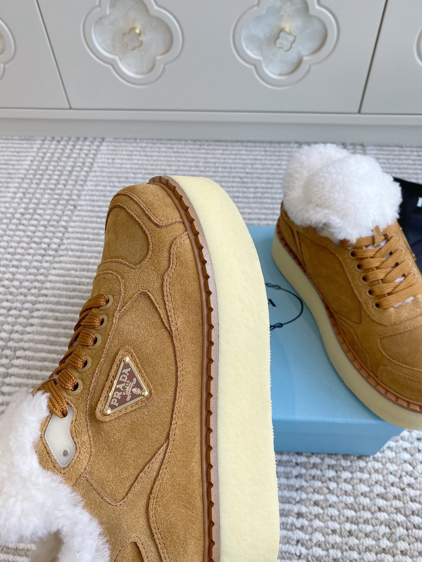 Prada Mid-Top Sneakers Brown Suede White Shearing 564156