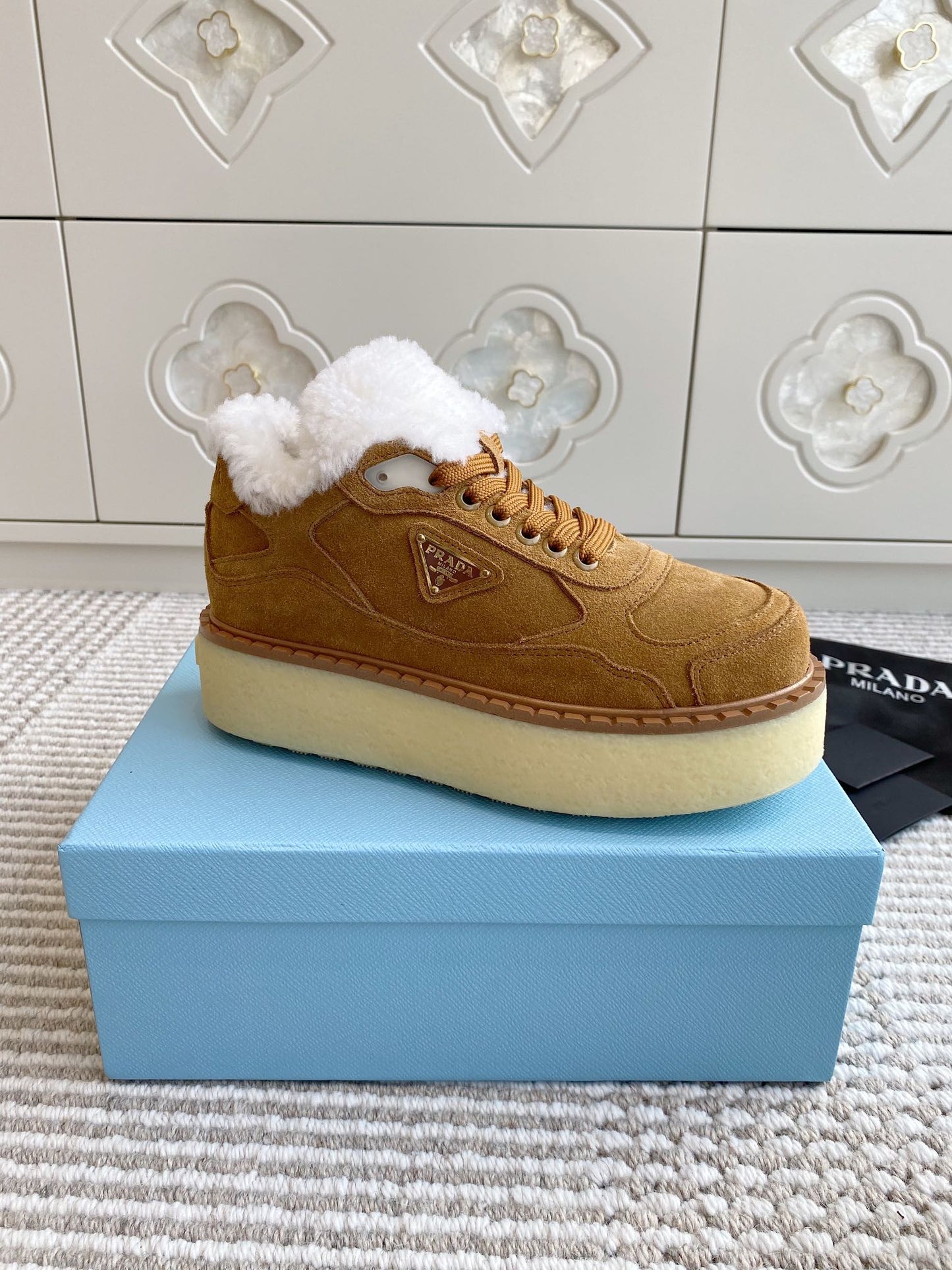 Prada Mid-Top Sneakers Brown Suede White Shearing 564156