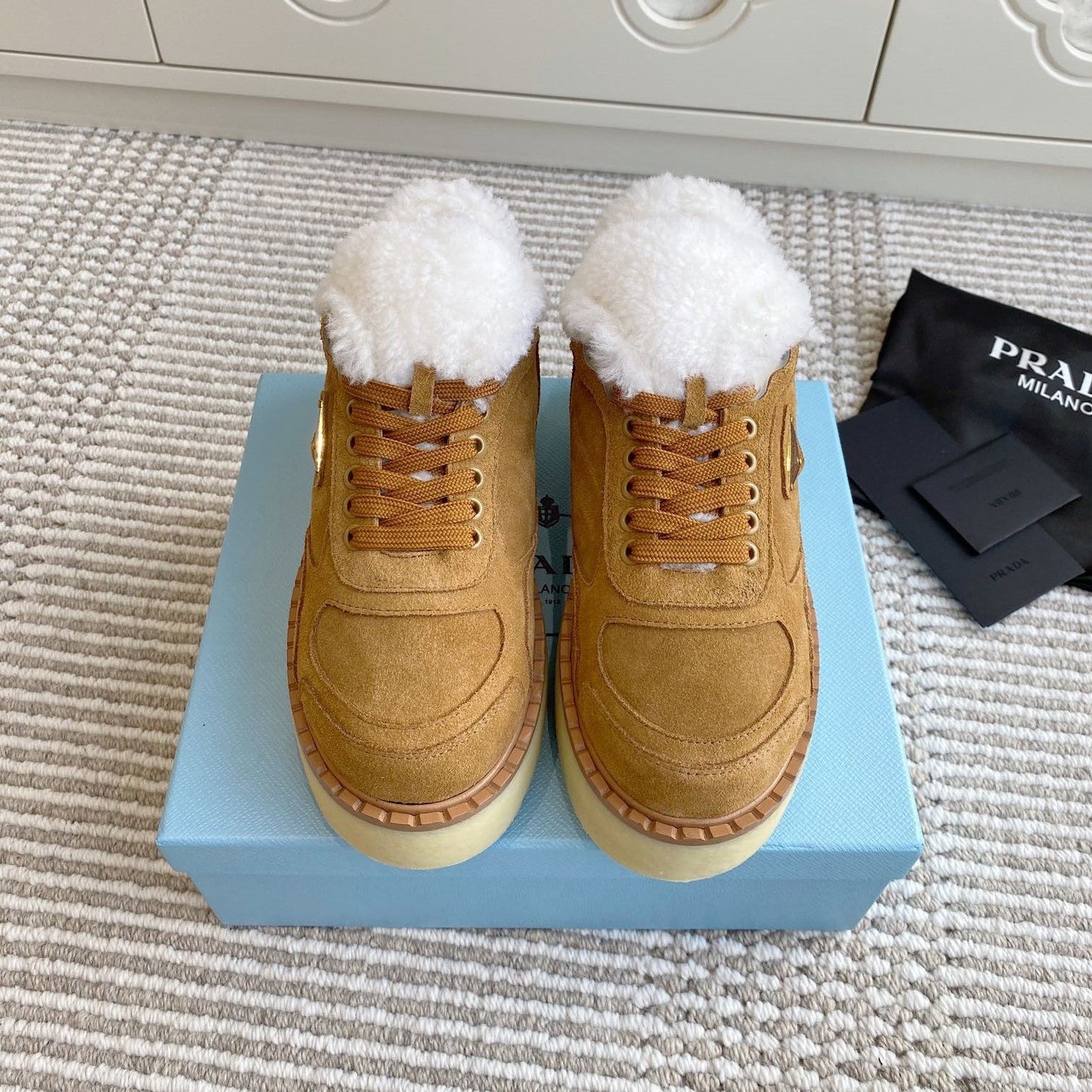 Prada Mid-Top Sneakers Brown Suede White Shearing 564156