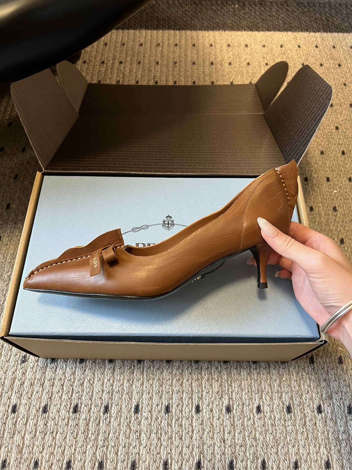 Prada Antiqued Pumps 55mm Tan Calfskin 606398