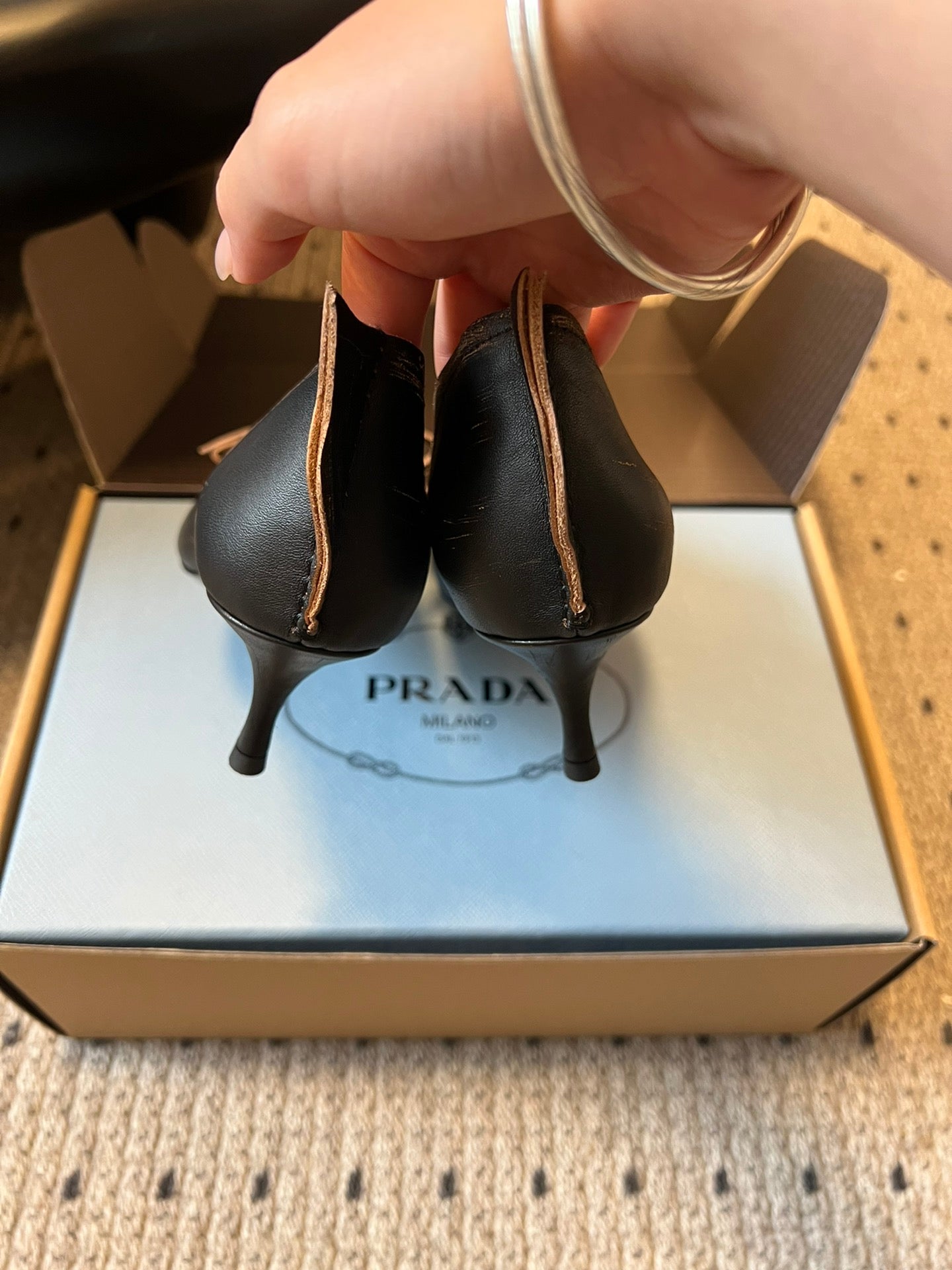 Prada Antiqued Pumps 55mm Black Tan Calfskin 606399