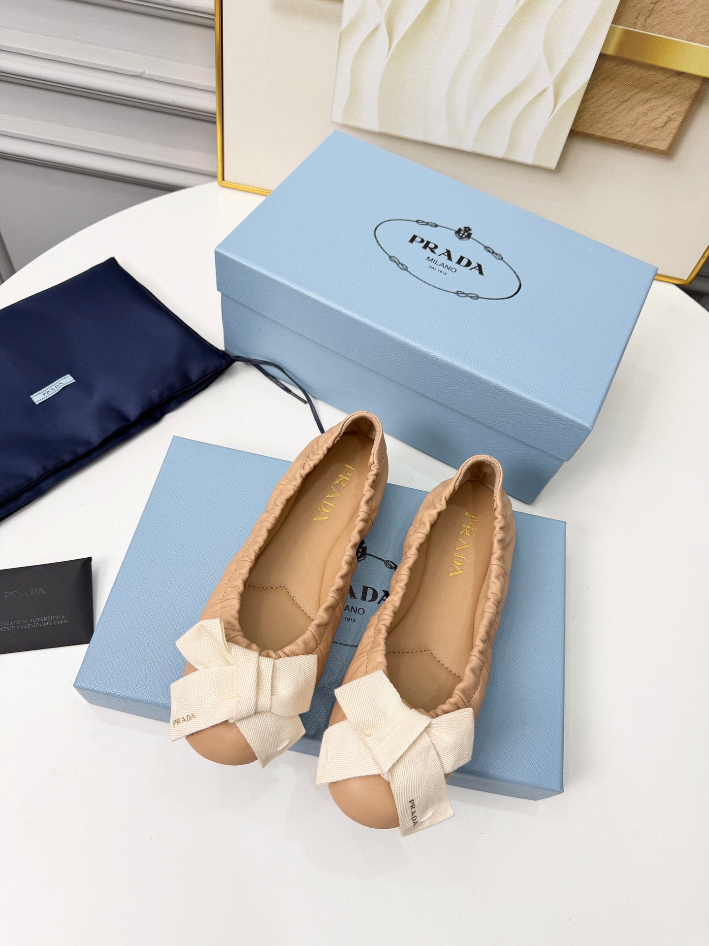 Prada 26s Bow Ballet Flats Beige White Sheepskin 624086