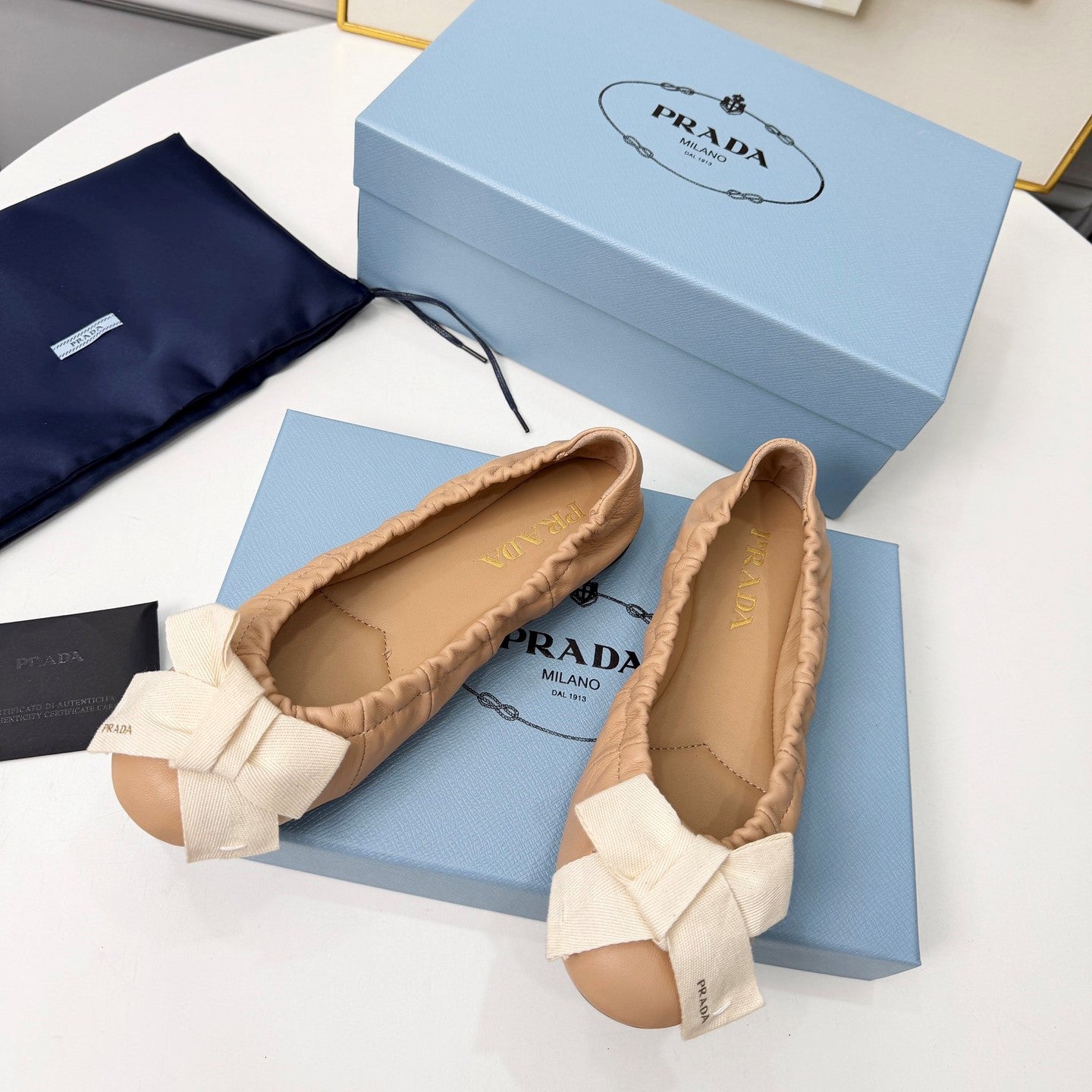 Prada 26s Bow Ballet Flats Beige White Sheepskin 624086