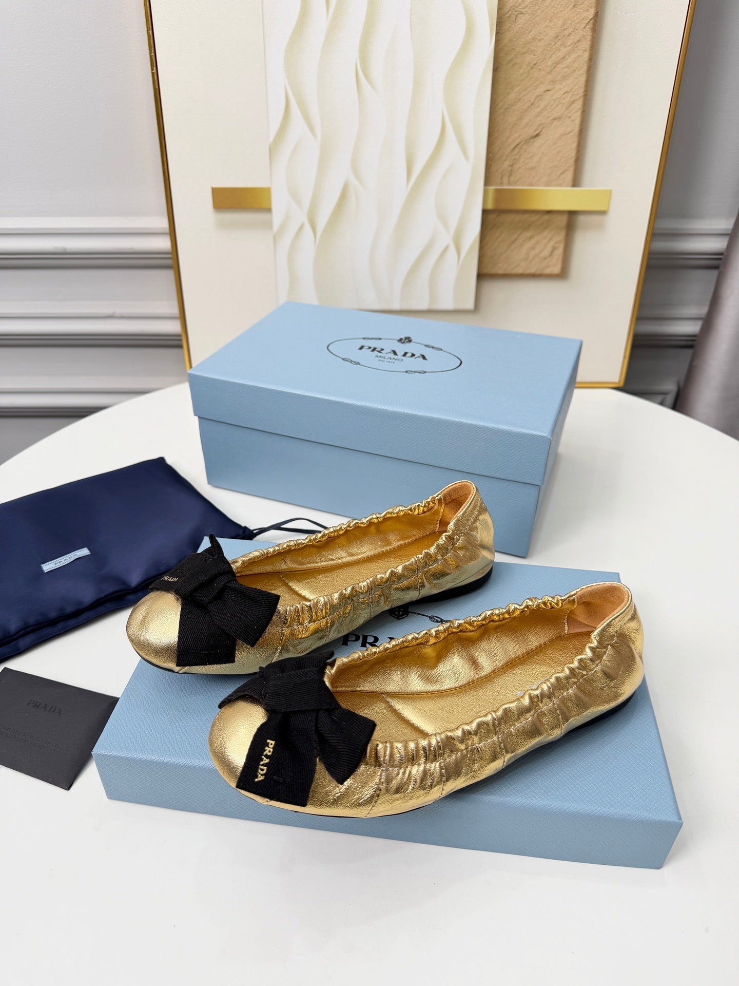 Prada 26s Bow Ballet Flats Gold Metalic Leather 624084