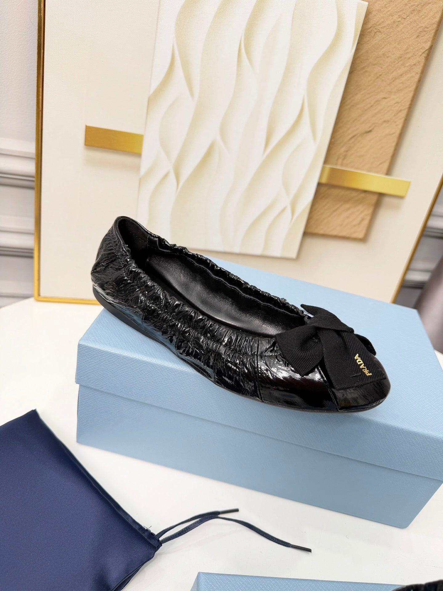 Prada 26s Bow Ballet Flats Black Glossy Leather 624083