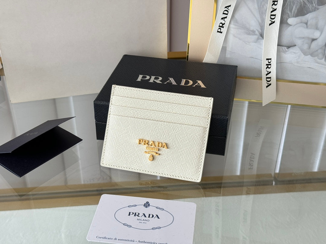 Pra Gold Logo-Stamp Card Holder White Saffiano Leather