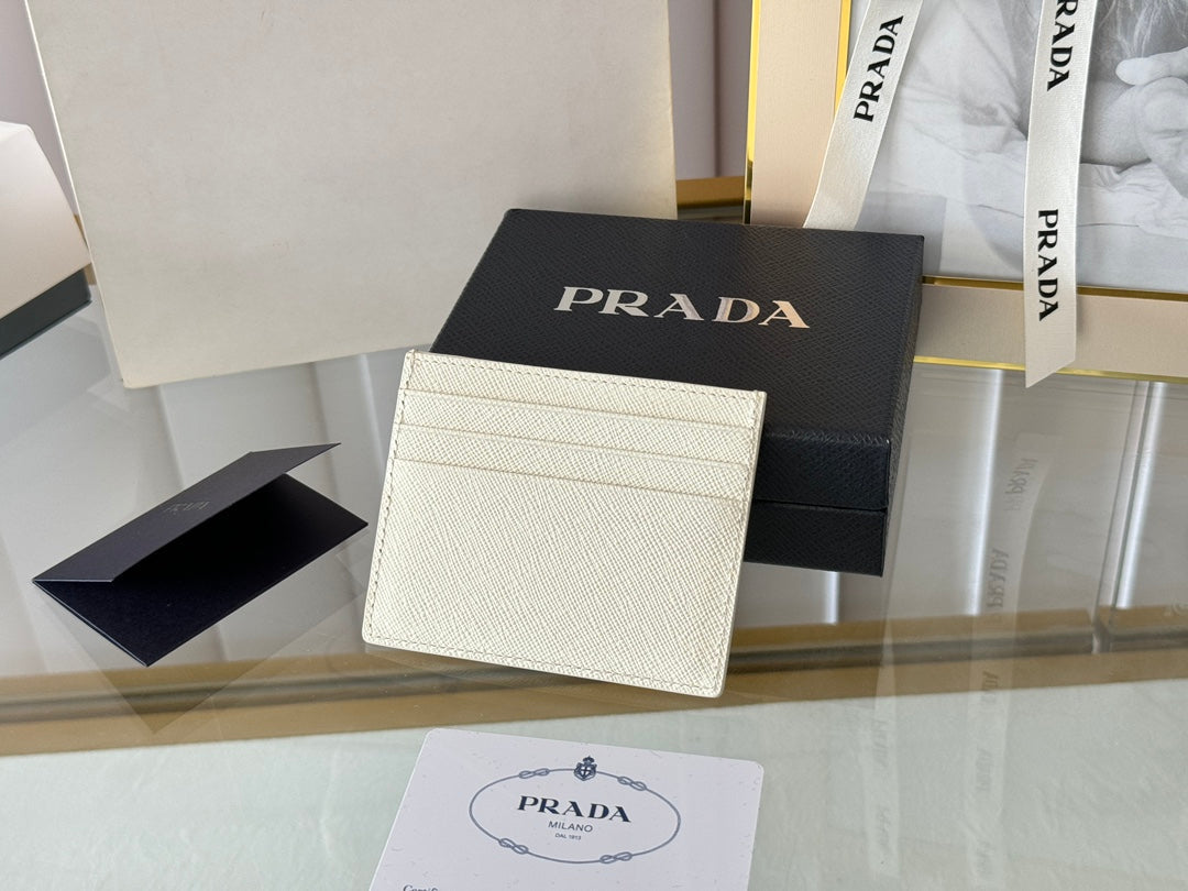 Pra Gold Logo-Stamp Card Holder White Saffiano Leather
