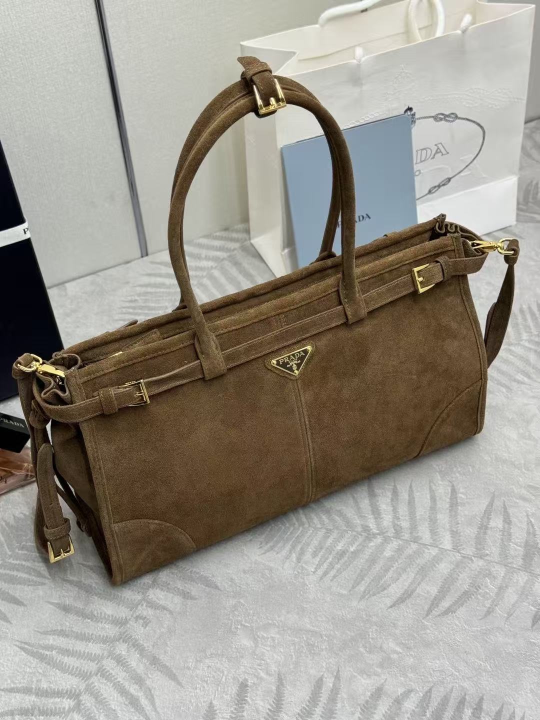 Prada Bonnie Large 38cm Brown Suede