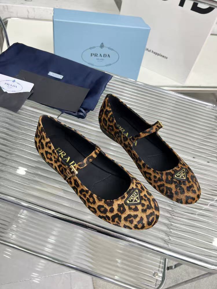 Prada Ballerina Shoes Brown Black Leopard-Print Calf Hair Leather