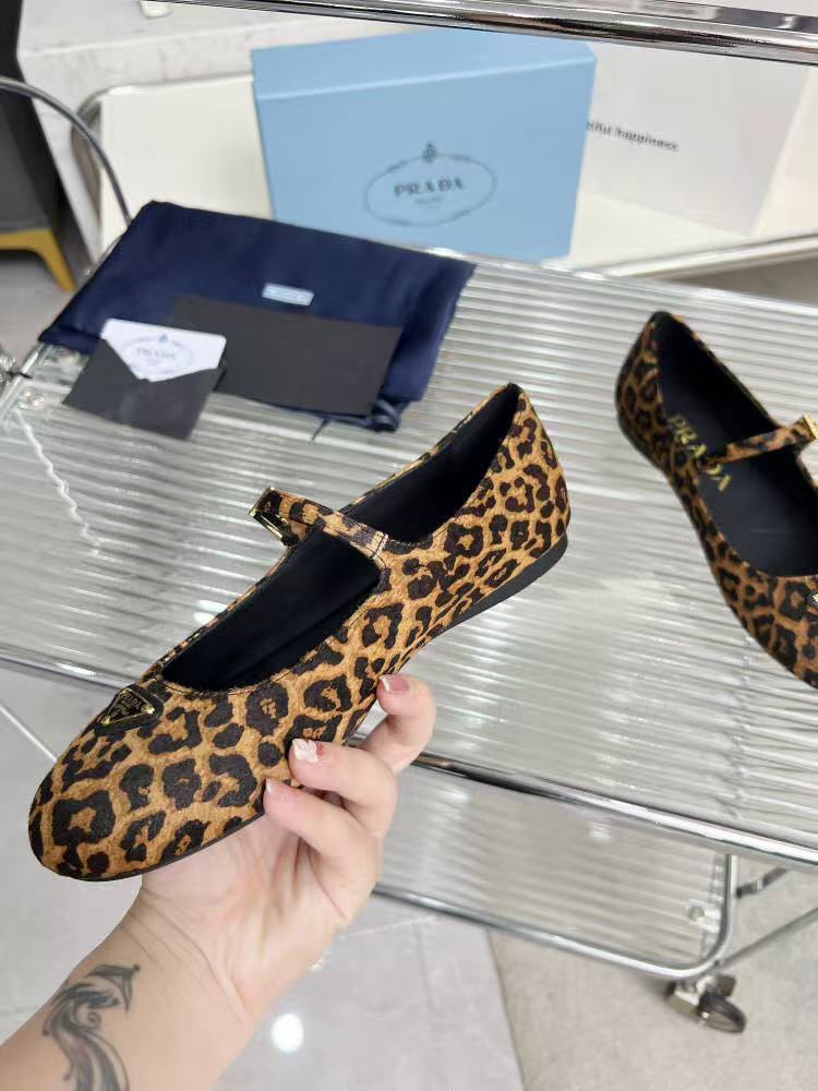Prada Ballerina Shoes Brown Black Leopard-Print Calf Hair Leather