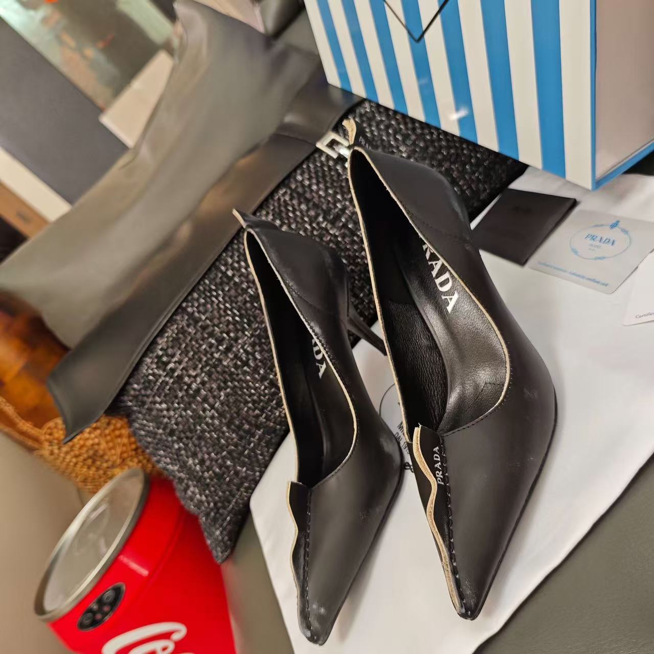 Prada Antiqued Pumps 85mm  Black Tan calfskin