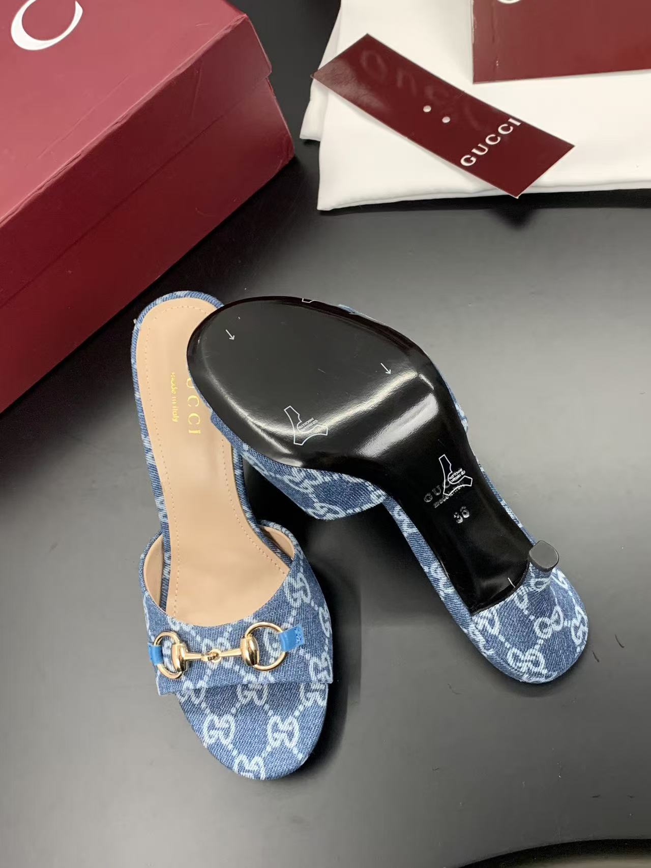 Gucci 2026 Erin Horsebit GG Sandal Blue Gold Denim Leather